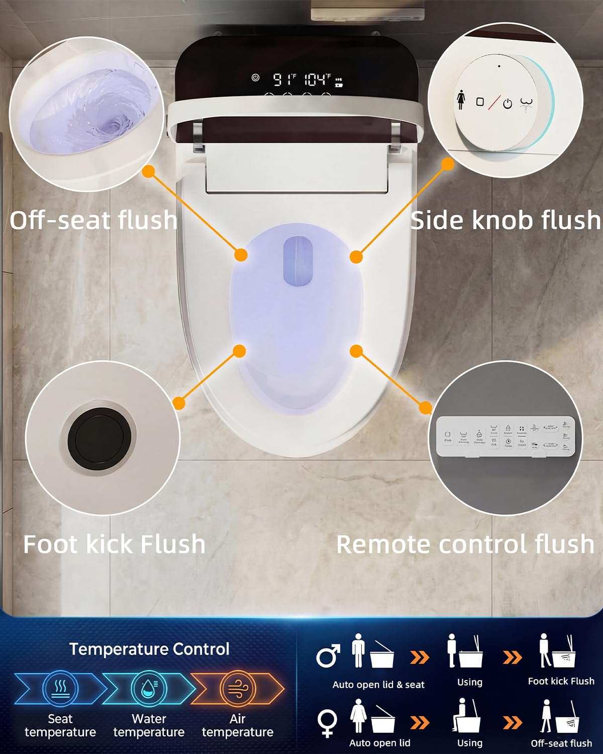 TOTTE Luxury Smart Toilet with Bidet, Hands-Free with Auto Open/Close Lid & Self-Cleaning Bowl | Adaptive Warm Water Wash & Heated Seat, Built-in Aroma, One-Piece Elongated Design