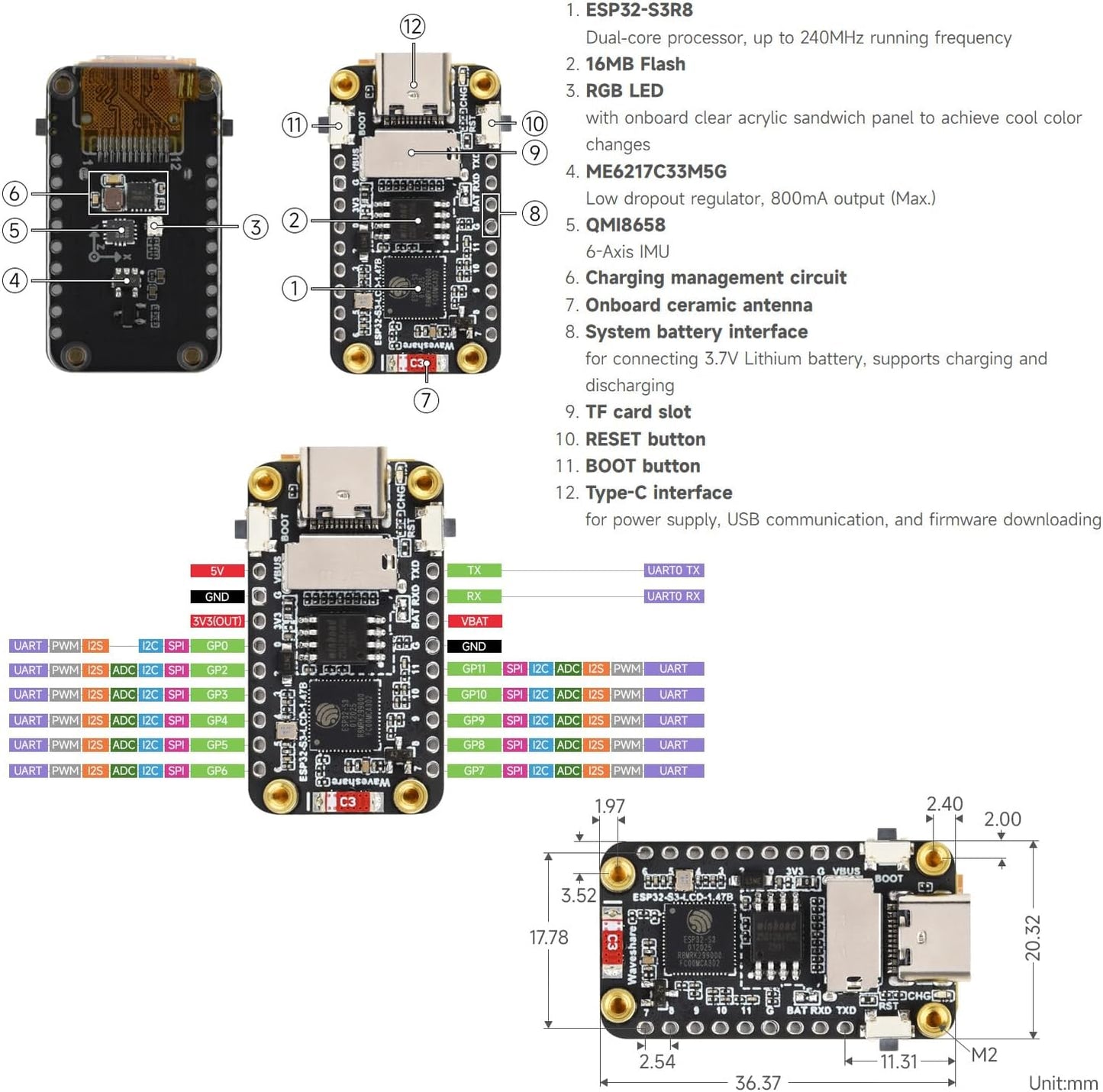 waveshare ESP32-S3 1.47inch 172320 262K 2.4GHz 5, 240MHz LX7 ESP32 LCD Display Development Board, Resolution, Display