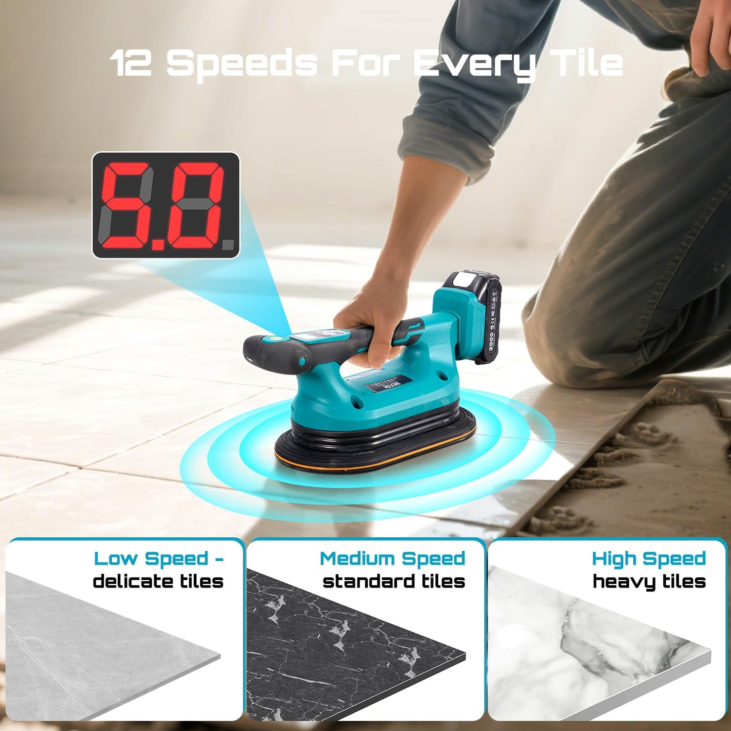 SEESII 2-in-1 Tile Vibration Tool & Electric Suction Cup 285mm – 12 Speeds, 10 Hours Runtime, Fits 12×12in to 89×89in Tiles, 250kg/550lbs Suction Power – For Wall & Floor Tile Installation (K919B)
