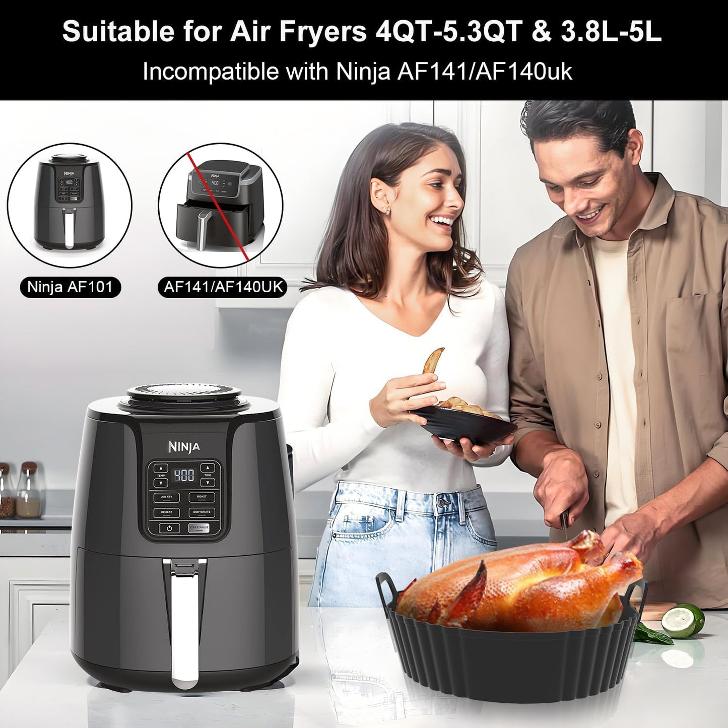 Ninja Silicone Air Fryer Liners - Reusable Food Grade 3-Pack for 4-5.3QT Models | Compatible with COSORI & Tefal