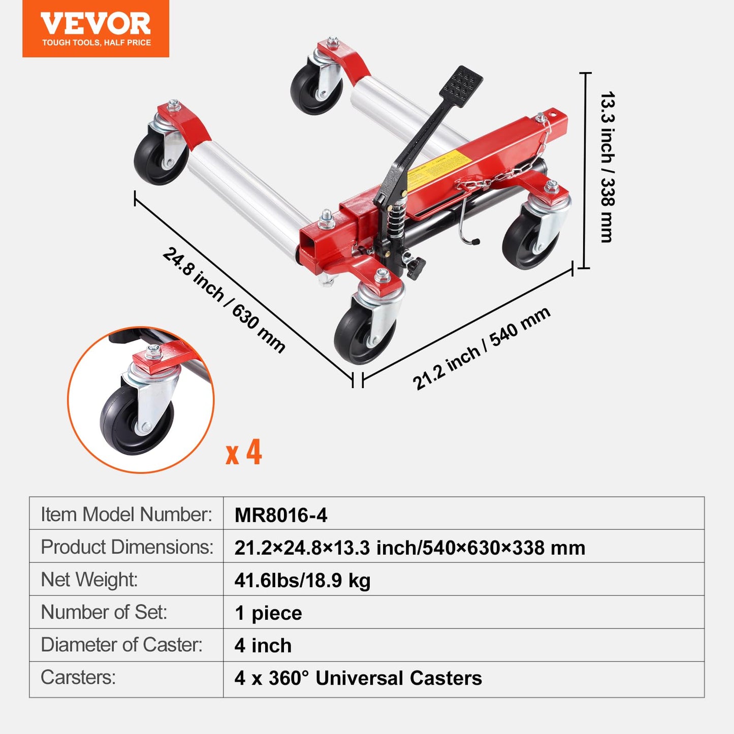 VEVOR Wheel Dolly - Max Capacity 1500 Lbs, Car Jack Dolly Lifter with 360 Rotatable Wheels, Heavy Duty Vehicle Positioning Hydraulic Tire Jack, for Vehicle Repair and Moving