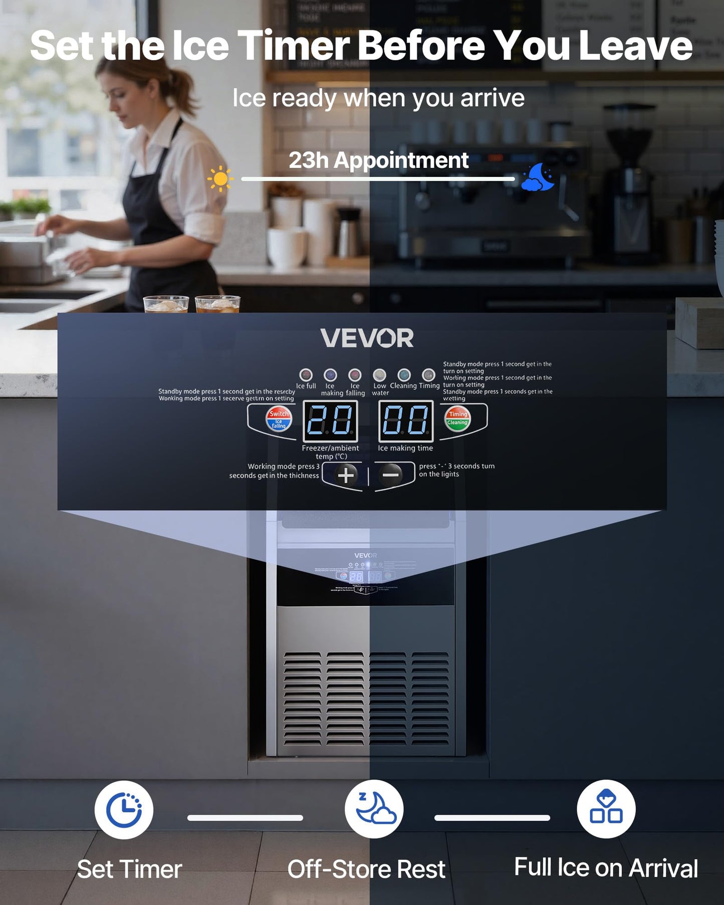 VEVOR Commercial Ice Maker Machine, 130 lbs/24h with 16-30 lbs Storage Capacity, Built-in/Freestanding/Under Counter, Stainless Steel Ice Maker with LED Display & Self-Cleaning, Home Bar Restaurant