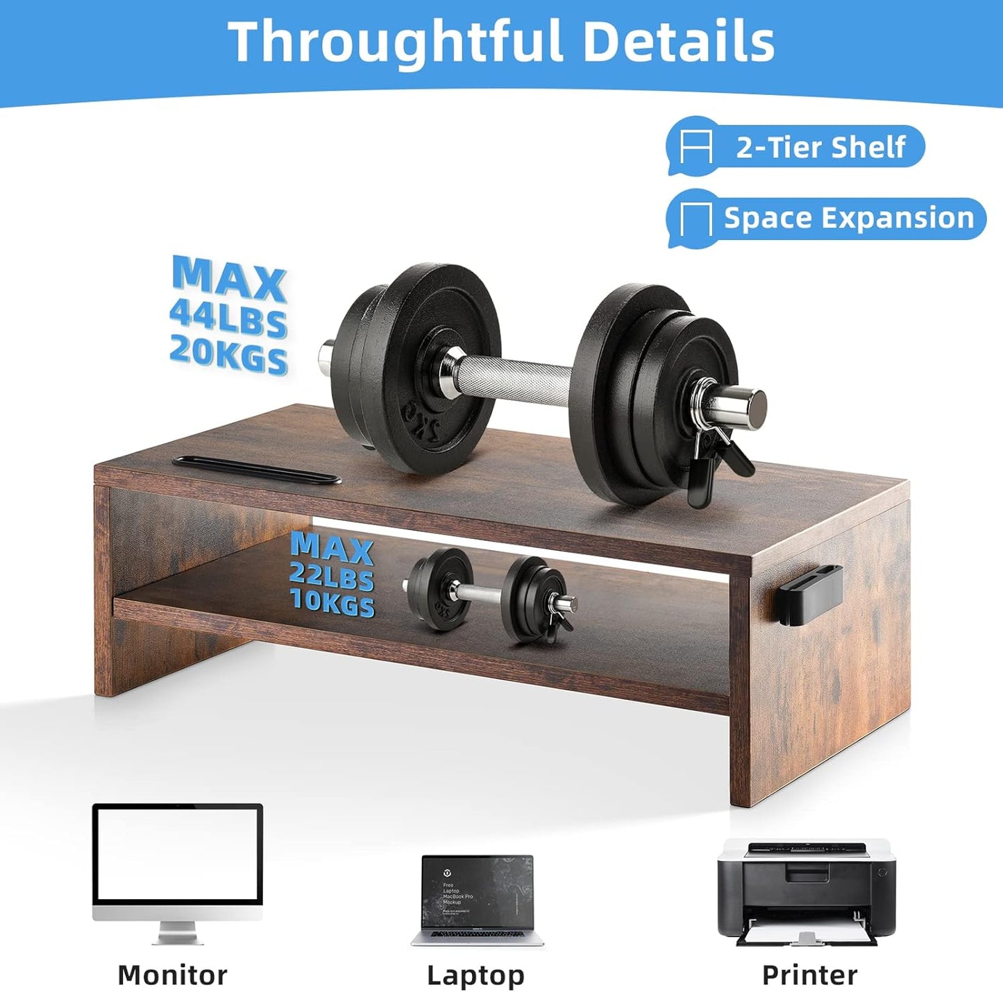 16.5 Inch 2 Marbrasse Monitor Stand, Tier Computer Monitor Riser with Printer Shelf, Laptop Computer Screen Storage