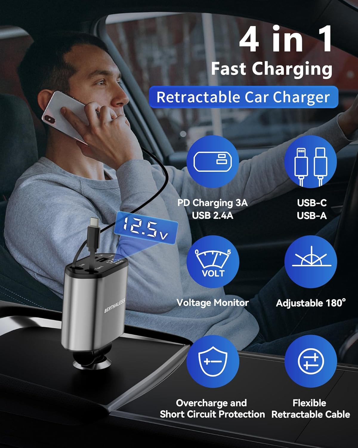 BERTHALESS 4 1 17/16/15/14/13/12/11,Galaxy,Pixel, Retractable Car Charger, in Fast Charging Car Charger with USB-C