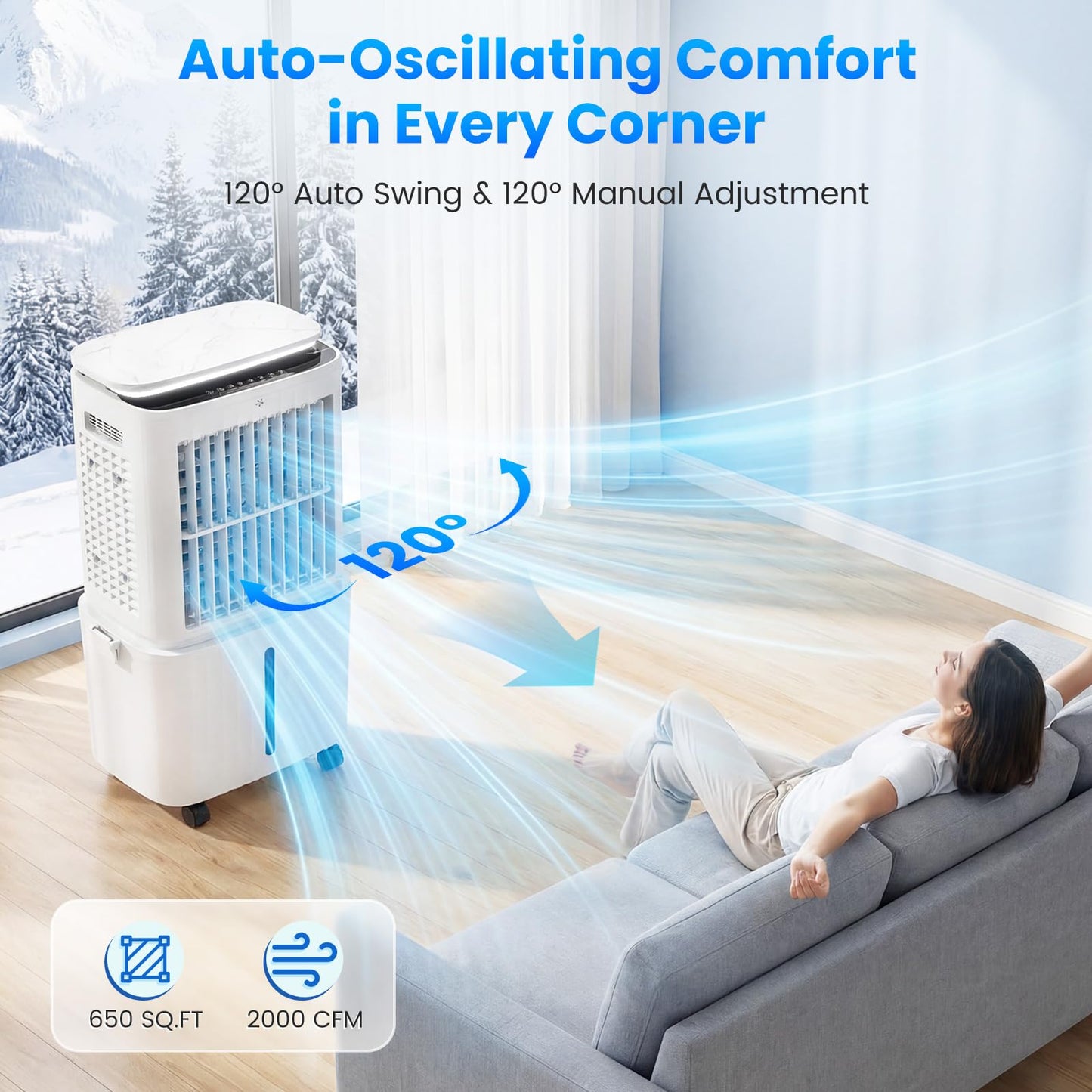 Auertech 6.8 Gal Swamp Cooler, 2500CFM Evaporative Air Cooler with Light & Detachable Tank, Portable Cooling Fan, 4-IN-1 AC Unit, Windowless Air Conditioners for Bedroom Apartment Garage