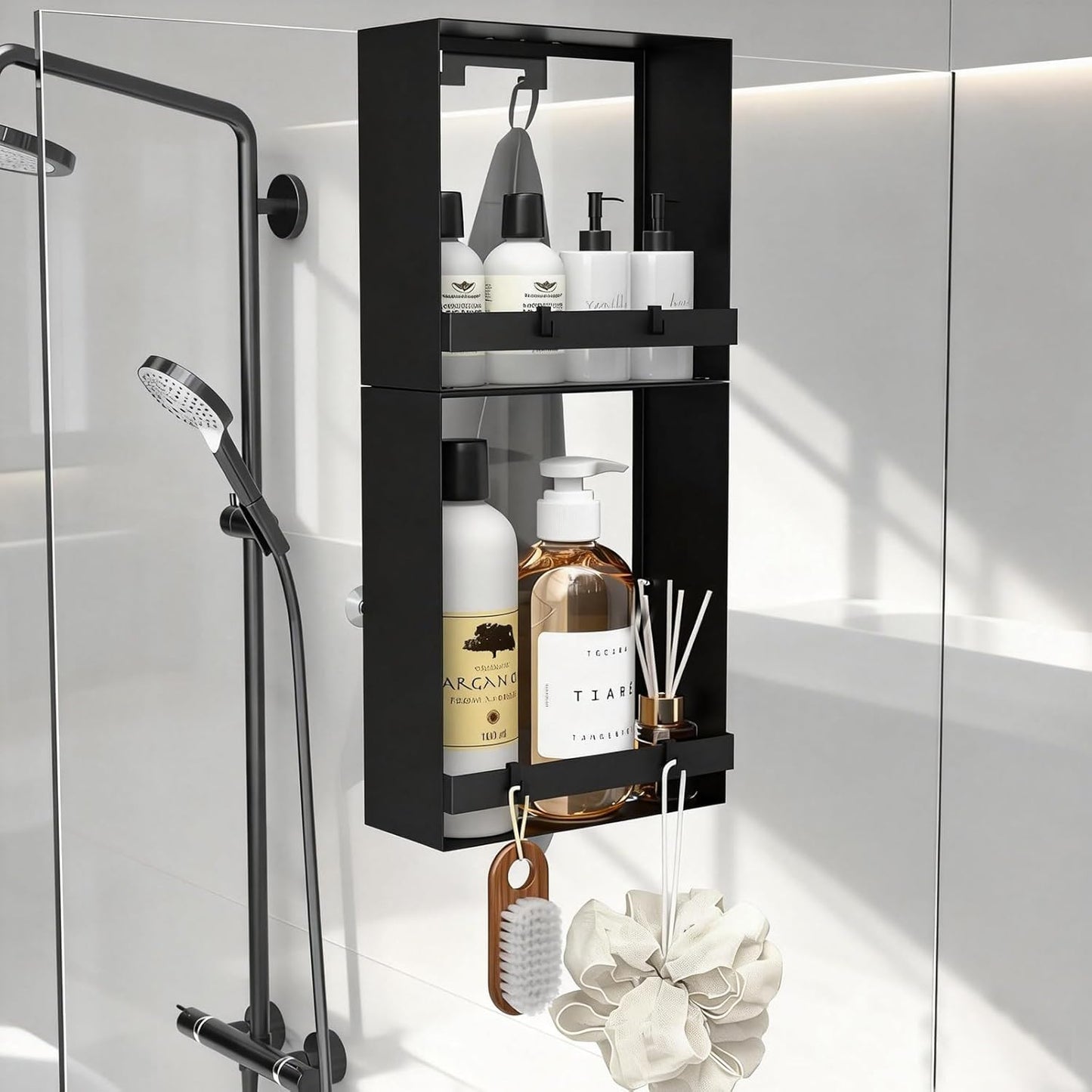 Skiennix Over The Glass Shower Caddy - 2-Tier Rustproof Stainless Steel Organizer with Hooks & Suction Cups | Black