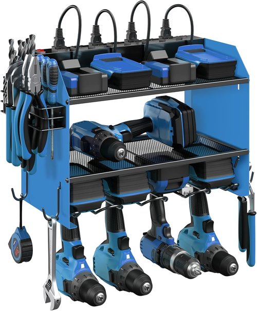 CCCEI Modular Power Tool Organizer - Wall Mount Charging Station with Hooks & 8 Outlet Battery Holder - Blue, 1 Pack