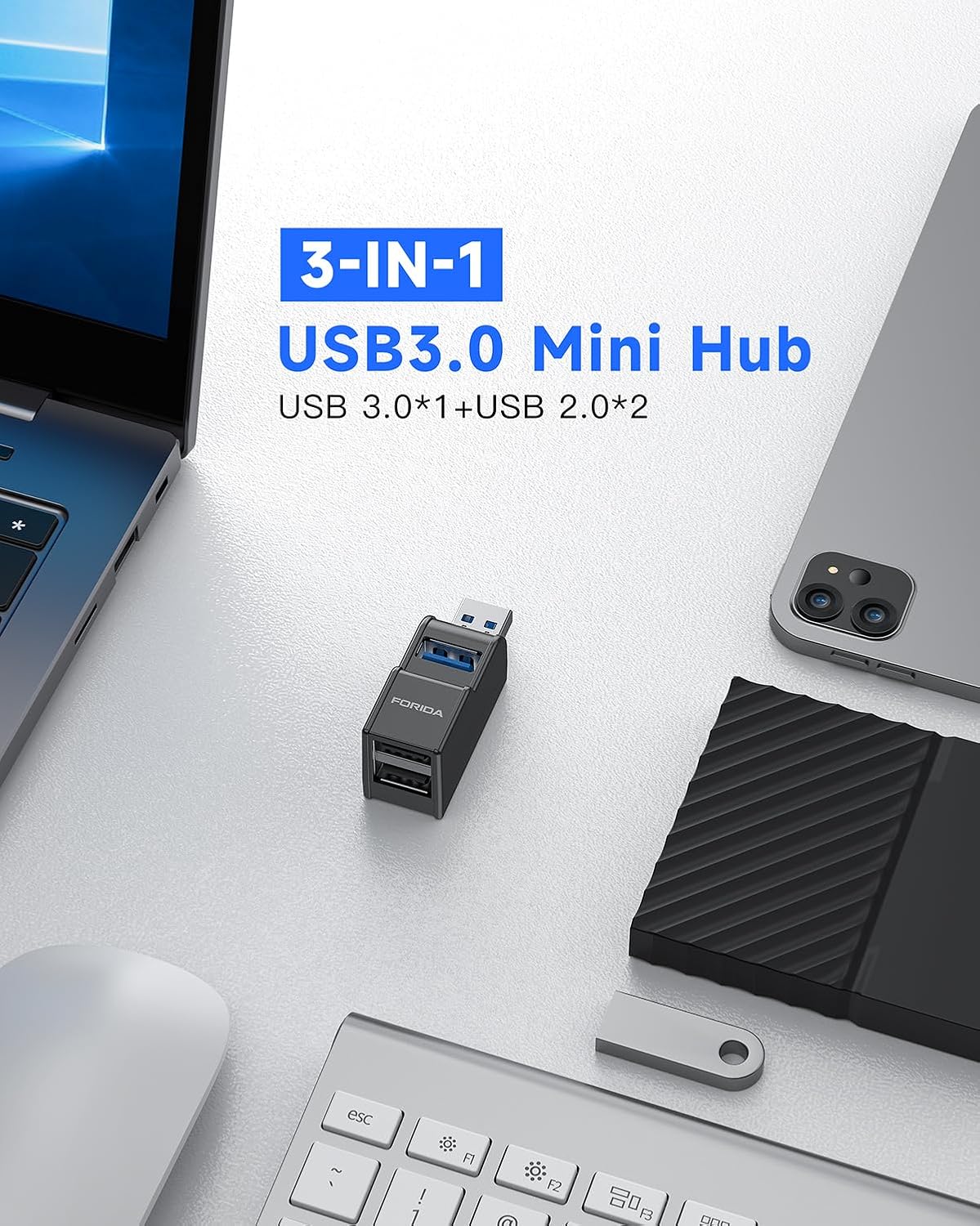 FORIDA 3 3.0 1 3 Ports USB Adapter, USB Hub with USB and Double USB Adapter, Portable USB Splitter in Out for Keyborad