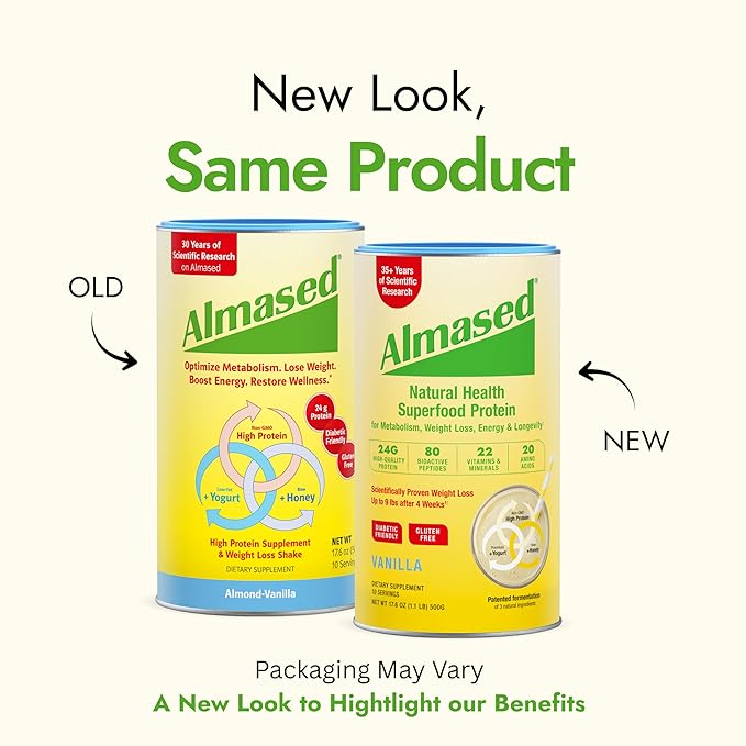 Almased Protein Powder for Weight Loss Kit for Men & Women, Natural Meal Replacement Shake for Weight Loss, Supplement, 24 Grams of Protein Per Serving (Almond Vanilla Flavor, 3 Cans @ 17.6 oz ea + Scoop)