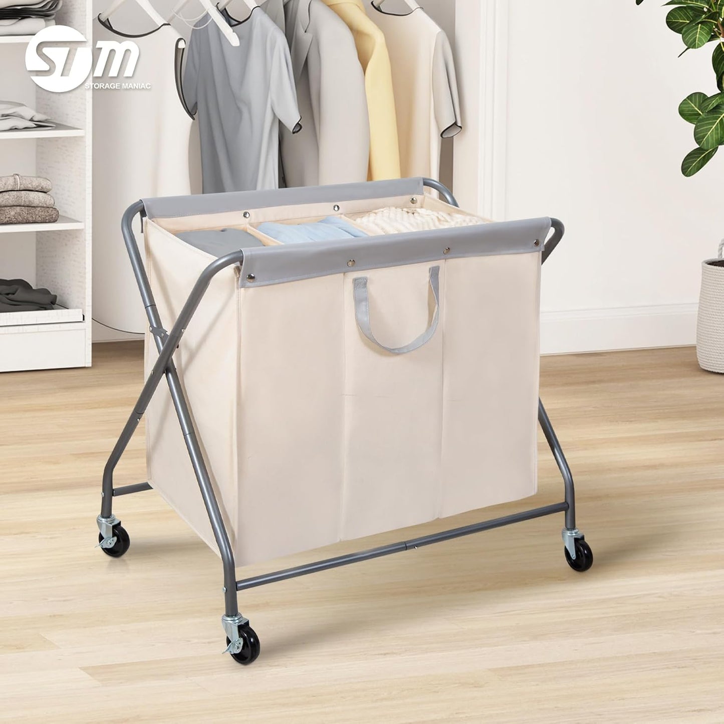 Storage Maniac 160L Collapsible Laundry Hamper - Heavy Duty Rolling Basket with Removable Bag & 3 Sections