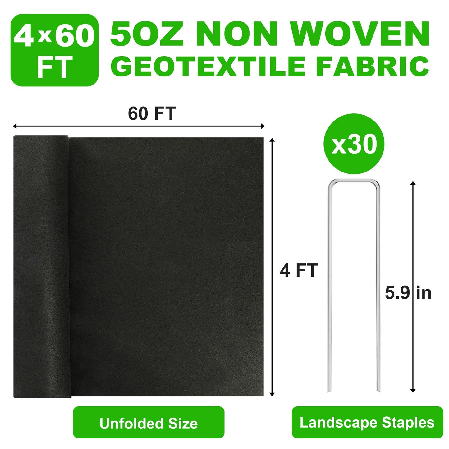 5oz Non Woven Geotextile Fabric with Stakes for French Drains, 4x60FT High Permeability Drainage Fabric Heavy Duty Landscape Fabric for Gravel Grid, Garden, Flower Beds, Weed Control, Erosion Control
