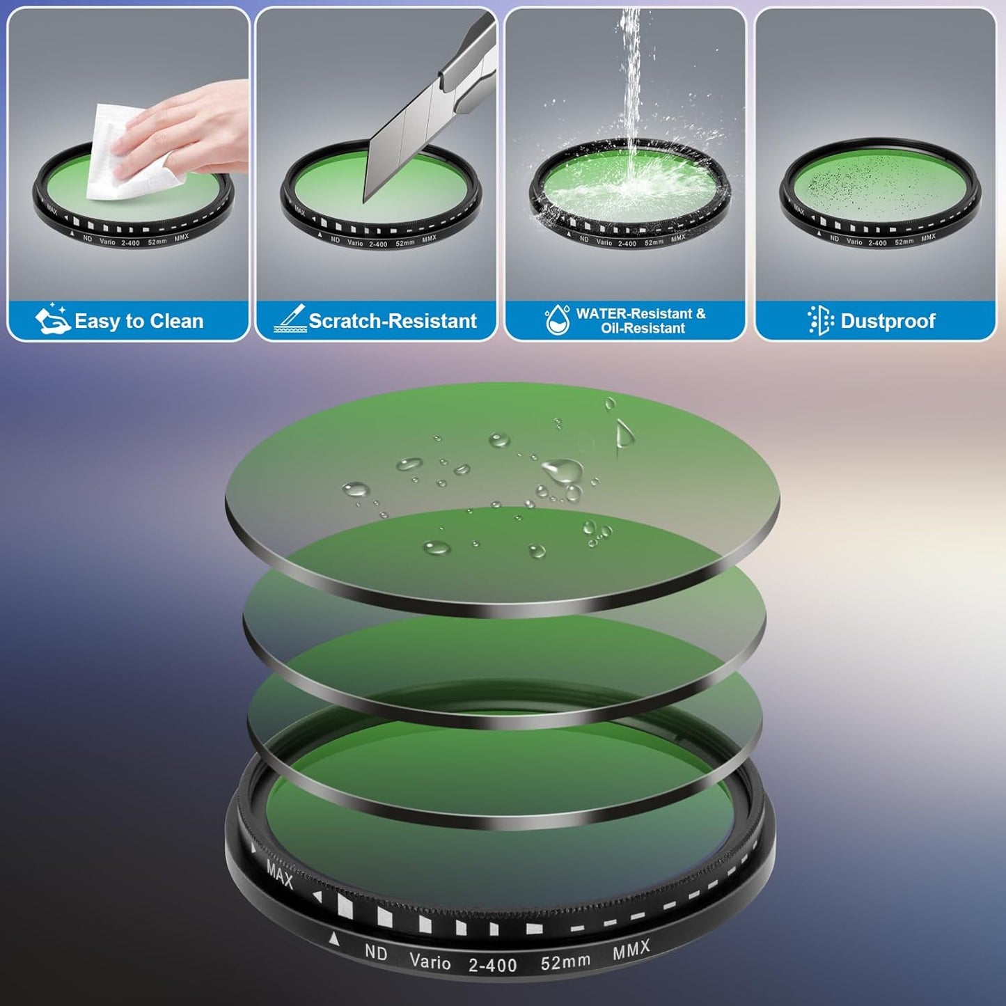 Beysfilter 52MM ND2-ND400 16/15/14/13 Phone Variable Filter, Multi-Coating Clip Adjustable Neutral Density Lens Kit