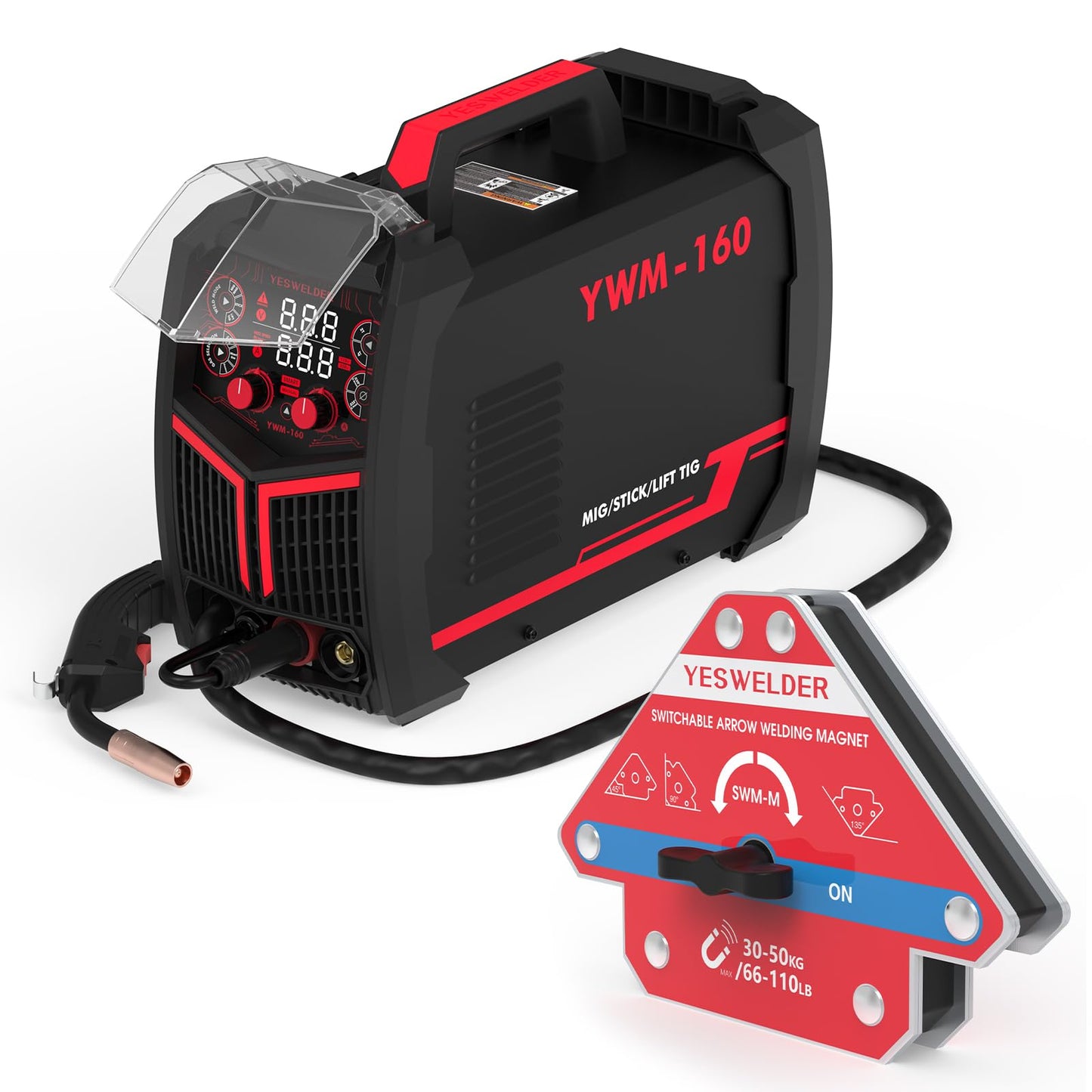 YESWELDER 160A MIG Welder 4 in 1 Multiprocess Flux Cored/MIG/Lift TIG/Stick & Switchable Arrow Welding Magnet 66-110LBs On/Off Switch Arrow Magnetic Welding Holder