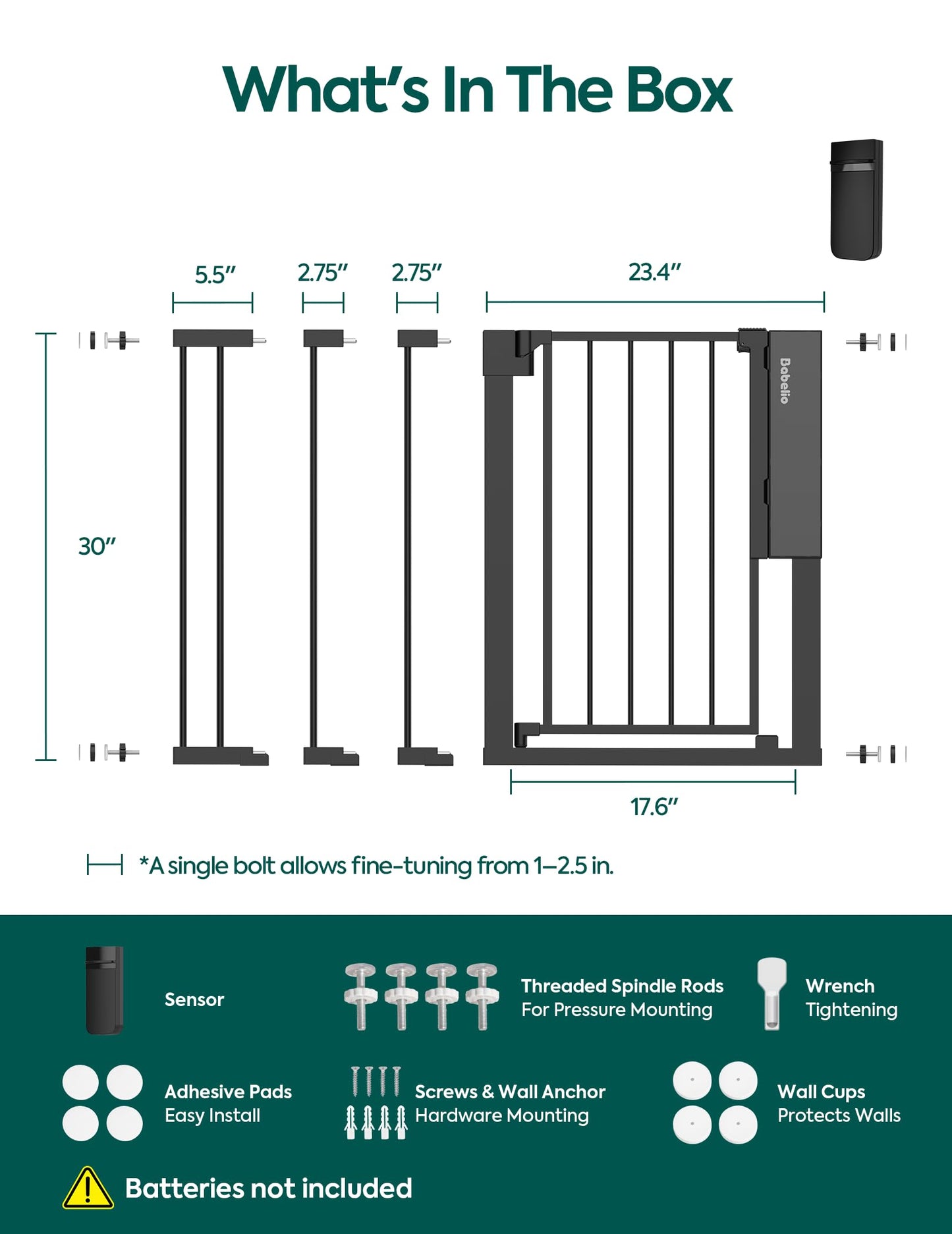 Babelio Smart Baby Gate with Auto-Unlock/Close, Pressure Mounted No Drill for Doorways/Top of Stairs. Pet/Dog Door Wide Walk Thru w/Infrared Sensor & Safety Alert (Black, 26.3-37.8" W, 30" H)