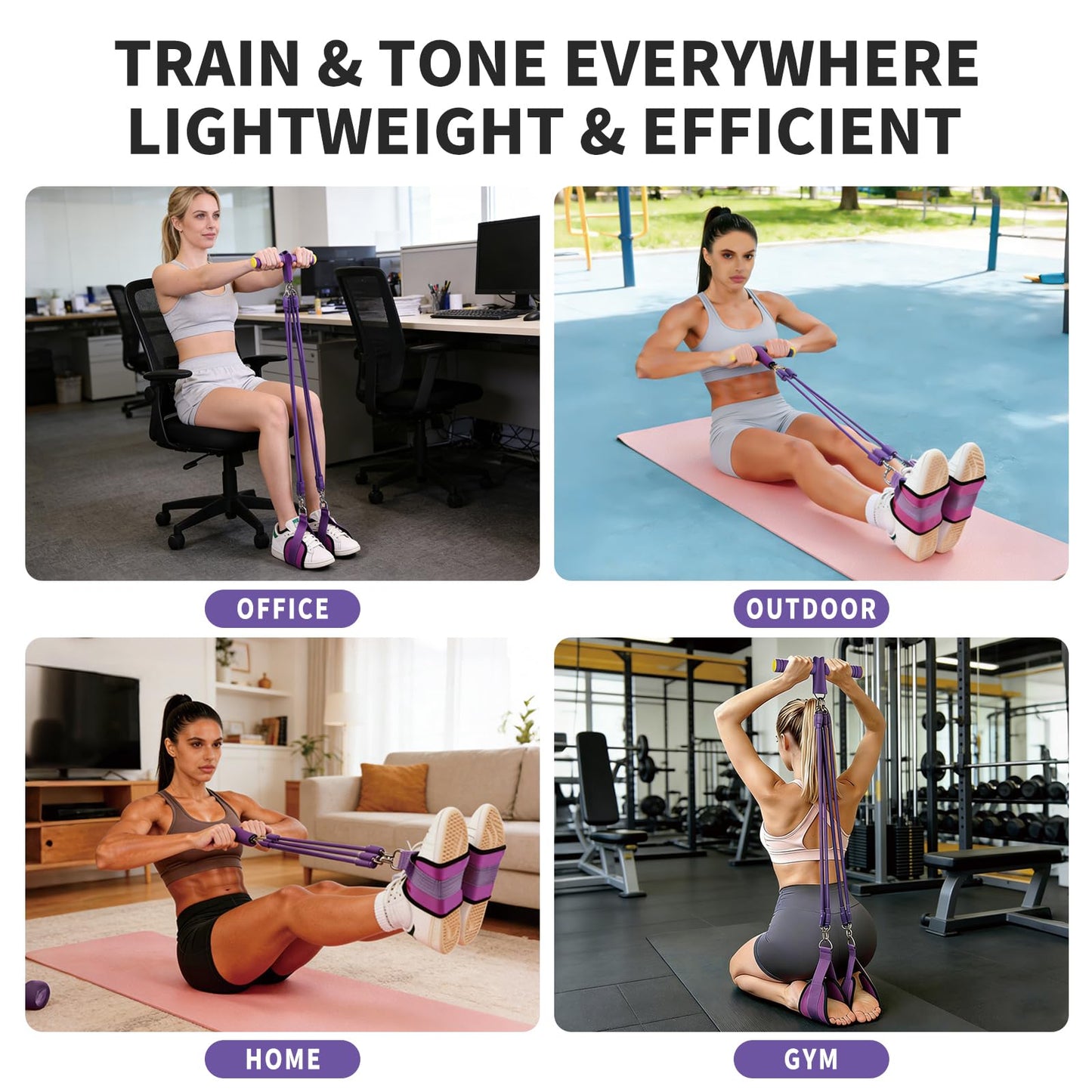 Pedal Resistance Band with Handle - 8-Tube Adjustable (20-80LBS) for Full Body Workout, Home Gym, Yoga & Strength Training Non-Slip Grips & Foot Pedal (Purple)