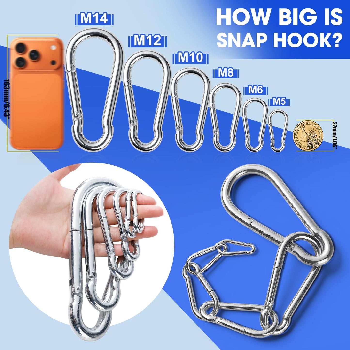 60 Pack Heavy Duty Carabiners, 3/8” Spring Snap Hook Carabiner for Heavy Uses, 4-Inch Snap Hooks Large Carabiners Clips Chain Links Safety Buckle Connector for Swing Hammock Fitness Gym Outdoor Indoor