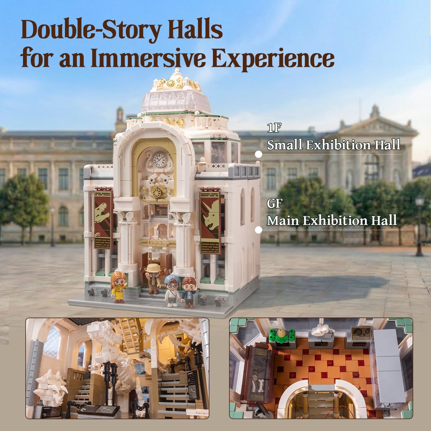 PANTASY Light Up Dinosaur Museum Building Blocks, Baroque Architecture Expandable Double Hall Model, Modular Building Set, 11 Lights, Street View Compatible Collectible Interactive Display Set