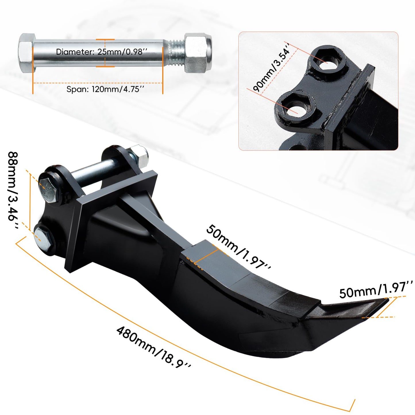 DANWIWEE Mini Excavator Accessories Ripper, Single Hook Backhoe, Span: 3.54in,Hole Diameter: 0.98in,Center Wheelbase: 3.46in, Suitable for Mini Excavators for 1 to 1.5 Tons