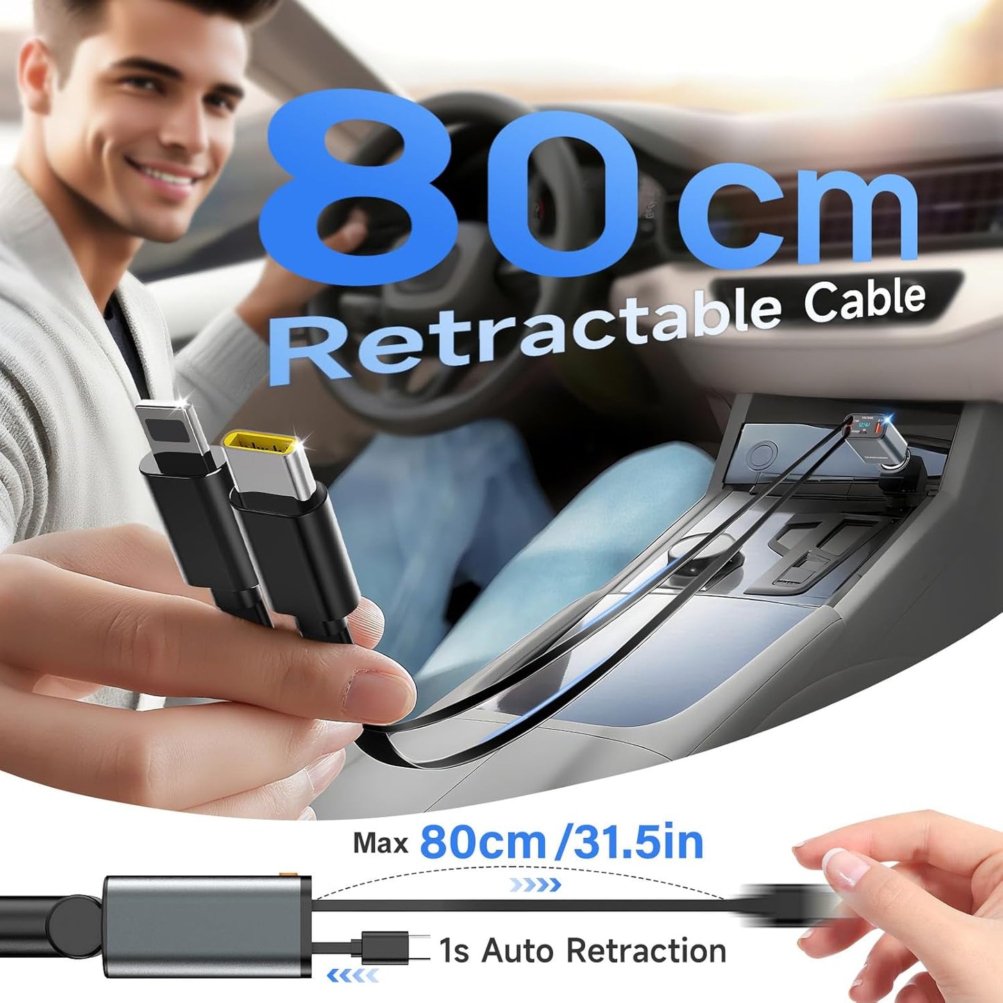 SEANCHEER 69W 2 5.3 Call,MP3 Car Bluetooth Adapter & Car Charger USB C, Cigarette Lighter Adapter with Retractable