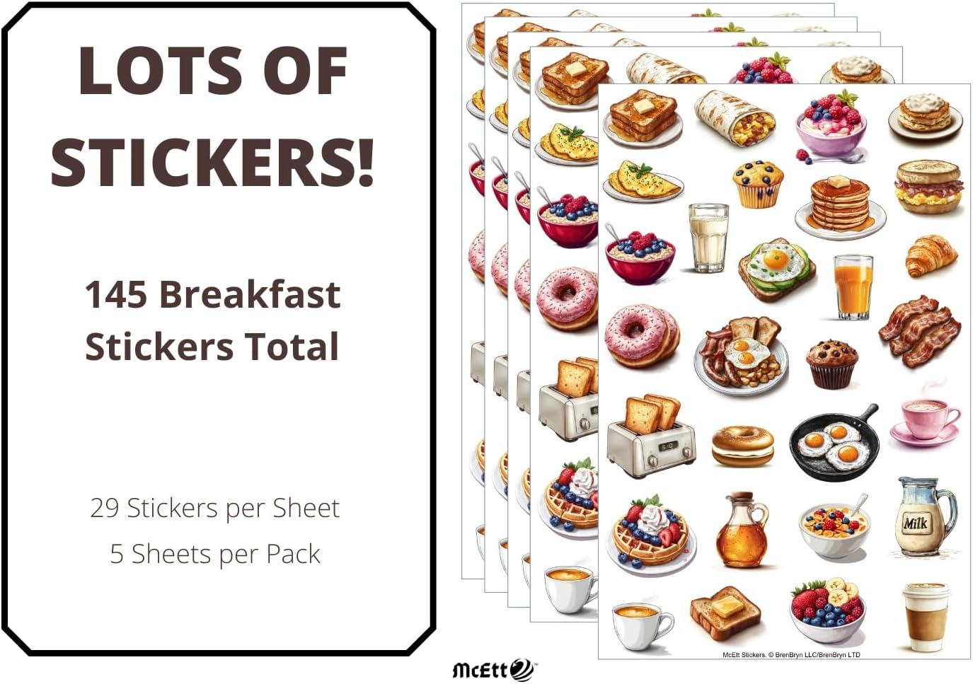 McEtt 5 Pack (145 Breakfast Food Sticker Sheets Aesthetic Illustrated Breakfast & Brunch Food Stickers Sheet Pieces)
