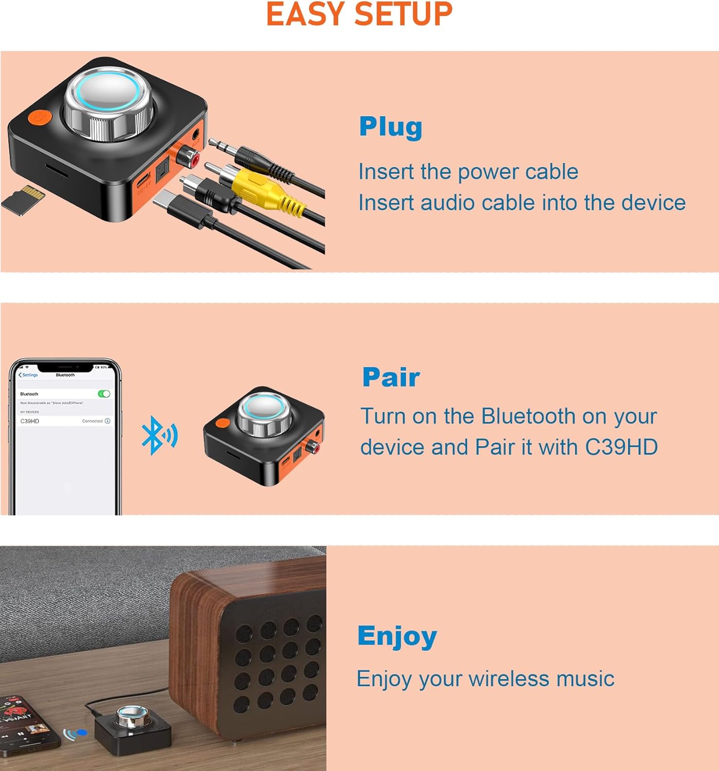 KAIY 3.5mm/Optical/COAXIAL 3D Bluetooth Receiver for Home Stereo, Bluetooth Adapter for Old Receiver with Low Latency