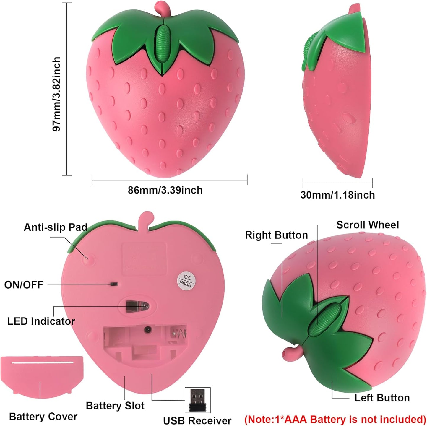Gabongcui 2.4GHz 1000DPI Wireless Bluetooth Mouse Cute Fruit Strawberry Shape Mouse & Bluetooth Dual Mode Optical