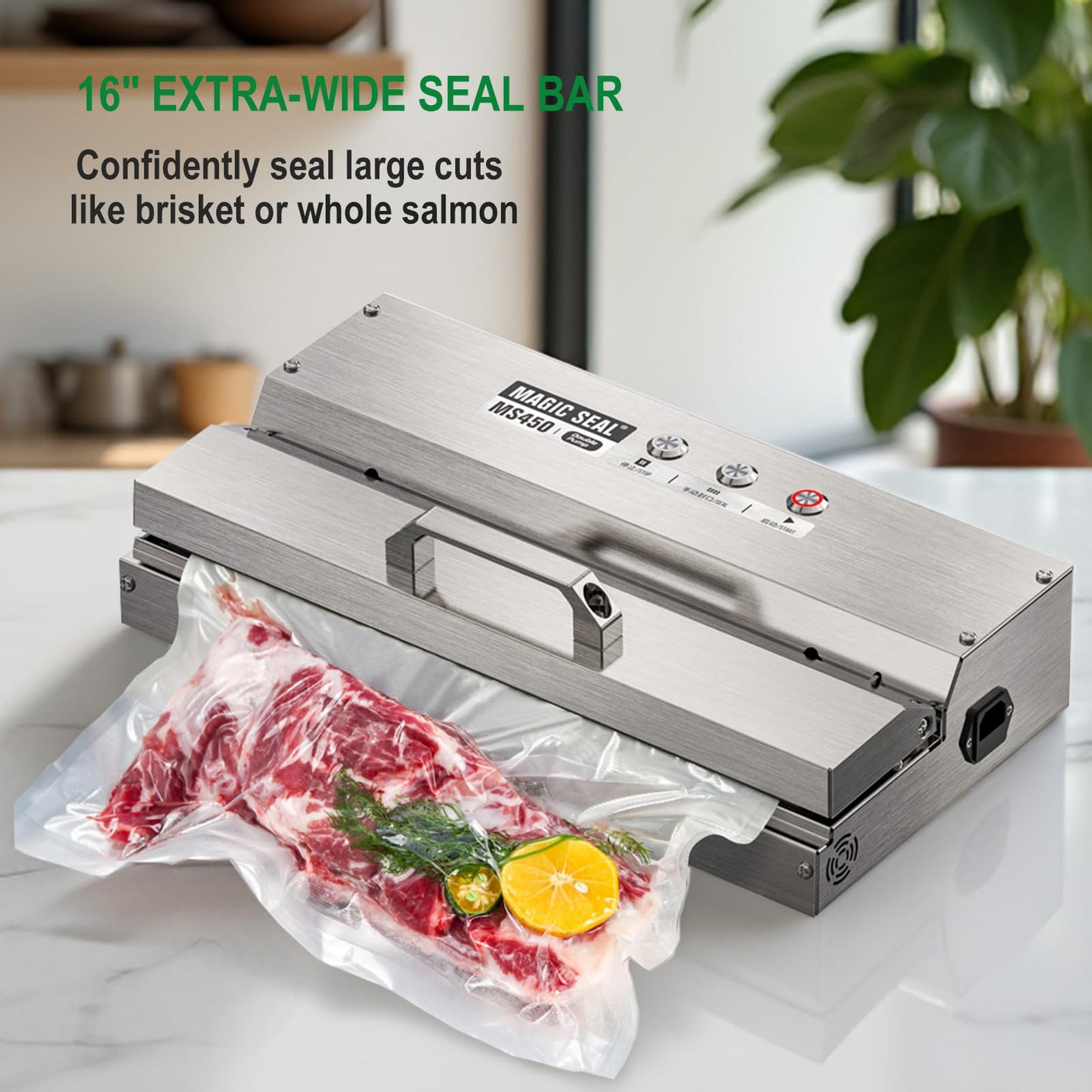 MAGIC SEAL 16'' Commercial Vacuum Sealer - All 304 Stainless Steel Constructed Automatic Vacuum Packaging Machine for Food Storage, 95kPa 400W, Easy-lock Handle, 450 Continuous Seals -MS450
