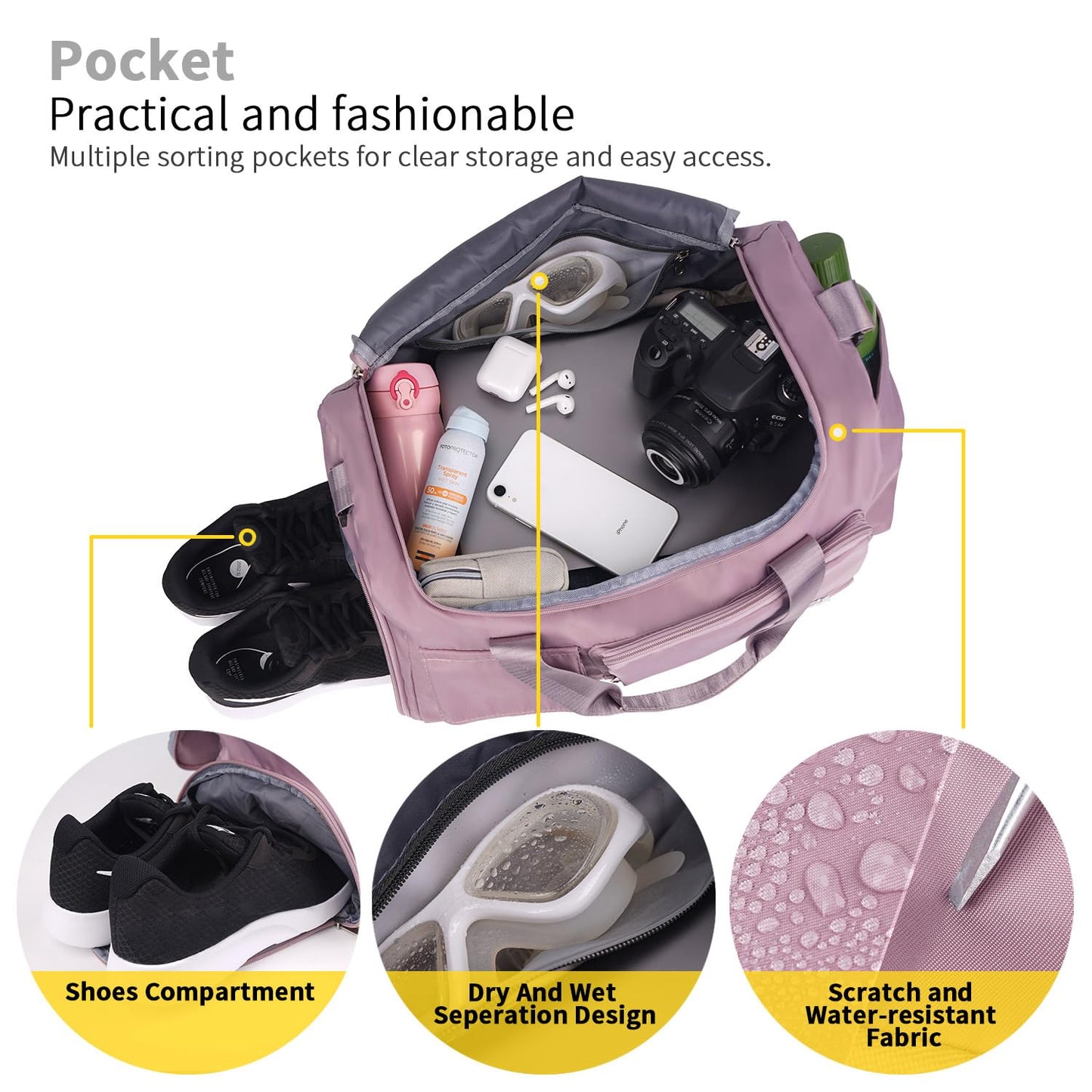 FIORETTO Women's Gym Duffle Bag with Shoes Compartment, 30L Capacity, Ideal for Travel, Gym, Sports, Duffel, Weekender, Pink