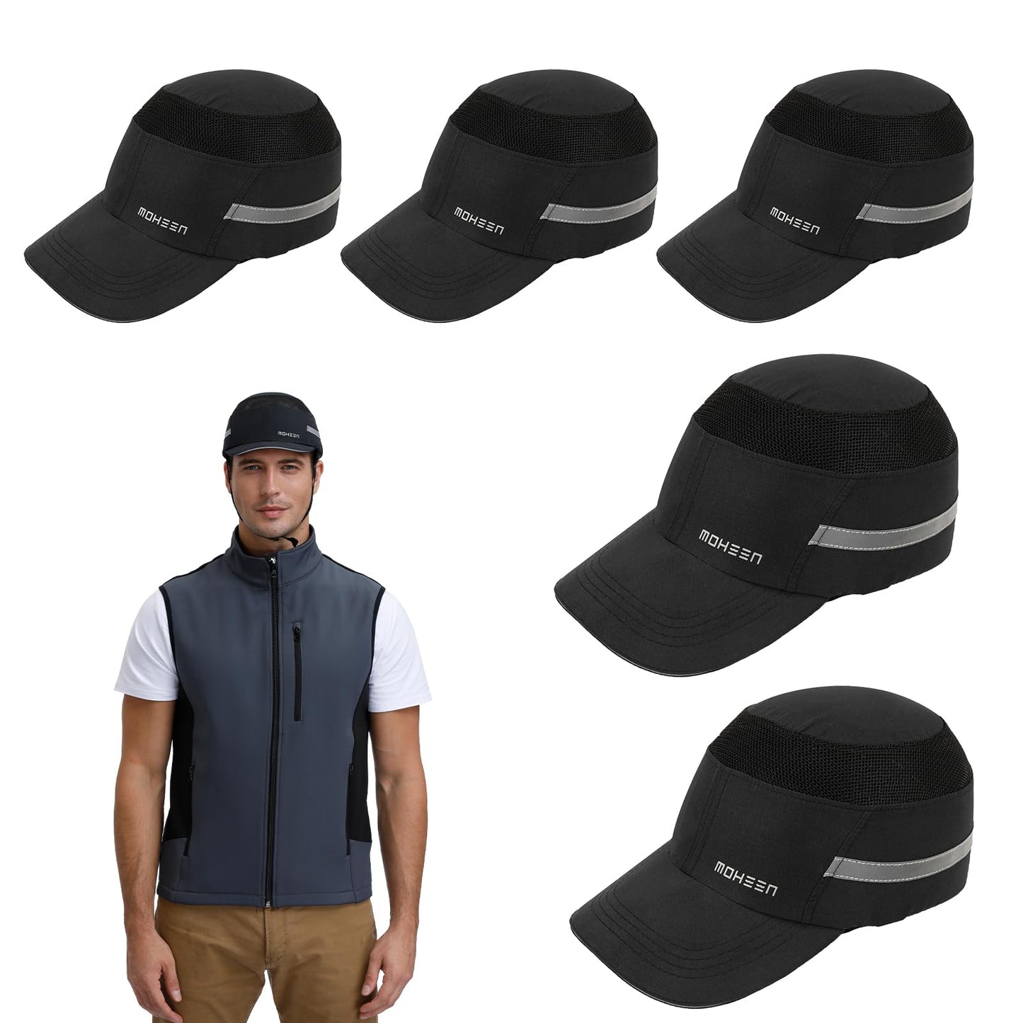 Unisex Safety Bump Cap - Lightweight and Breathable Baseball Style Protective Hat with Reflective Stripes Black Long Brim,5Pcs