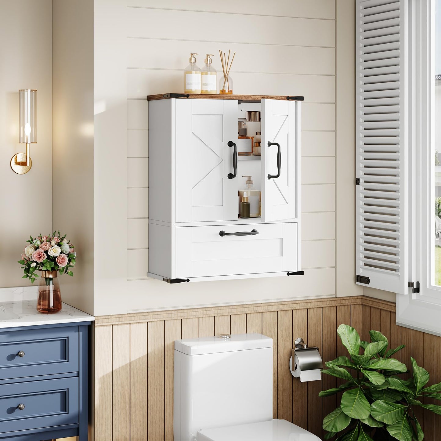HOOBRO Farmhouse Wall Mounted Cabinet with Adjustable Shelf, Medicine Cabinet with Flip-Down Door, Over The Toilet Bathroom Organizer, for Small Bathroom, Kitchen, White and Walnut