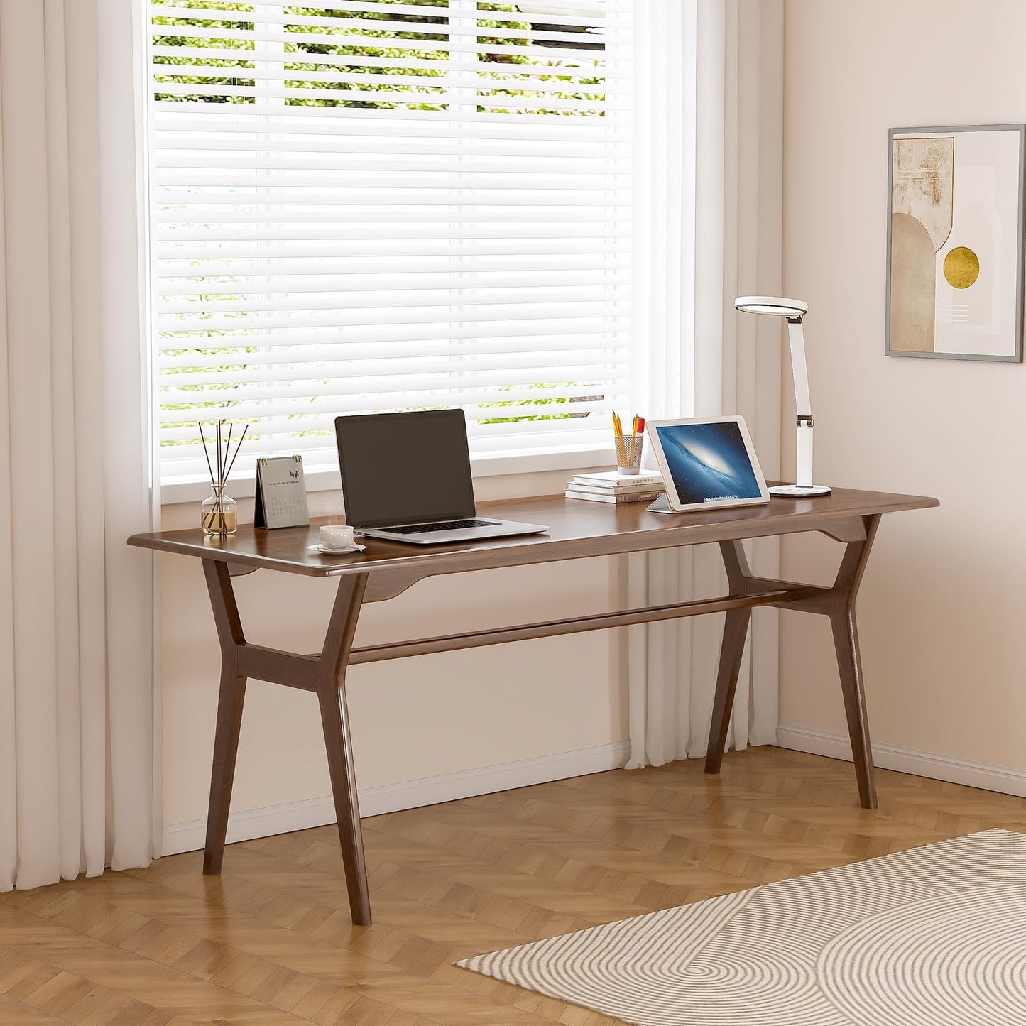 OSCHF Solid Wood Study Desk - 63" Double Long Computer Table for Home Office, 2-Person PC Workstation, Walnut