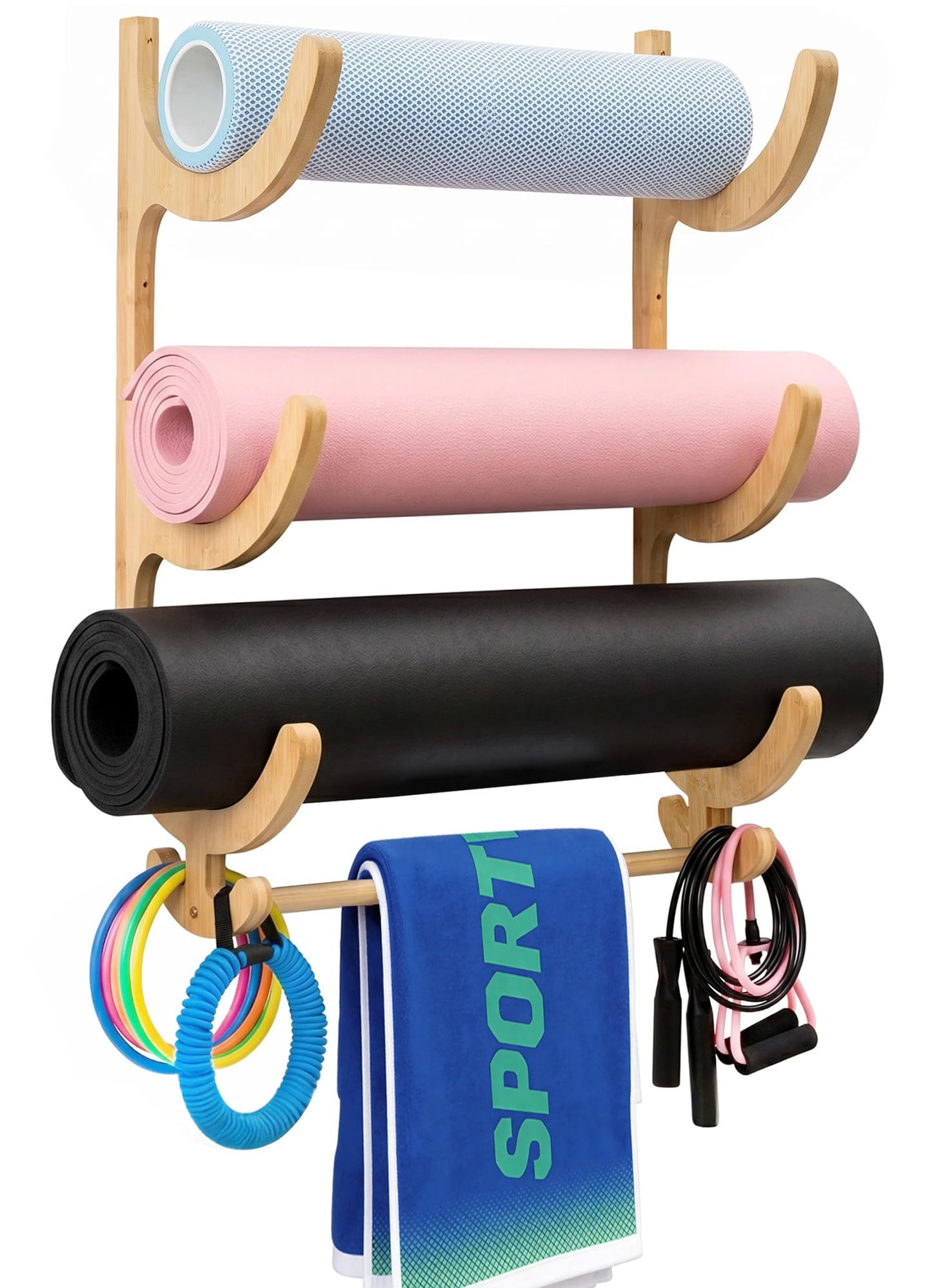 Upgraded 3 Tier Wooden Yoga Mat Holder Wall Mount with Bottom Hanging Bar, Yoga Mat Storage Rack with 4 Multi-Purpose Hooks, Foam Rollers and Resistance Band Hanger for Home Gym or Fitness Class