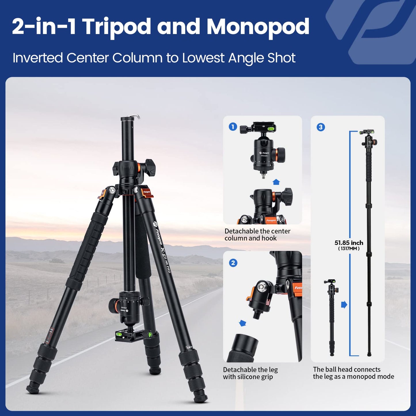 Fotopro Horizontal Camera Tripod 75 Inch Aluminum 360 Degree Ball Head Quick Release Plate DSLR Tripod for Travel Camera Video Camcorder