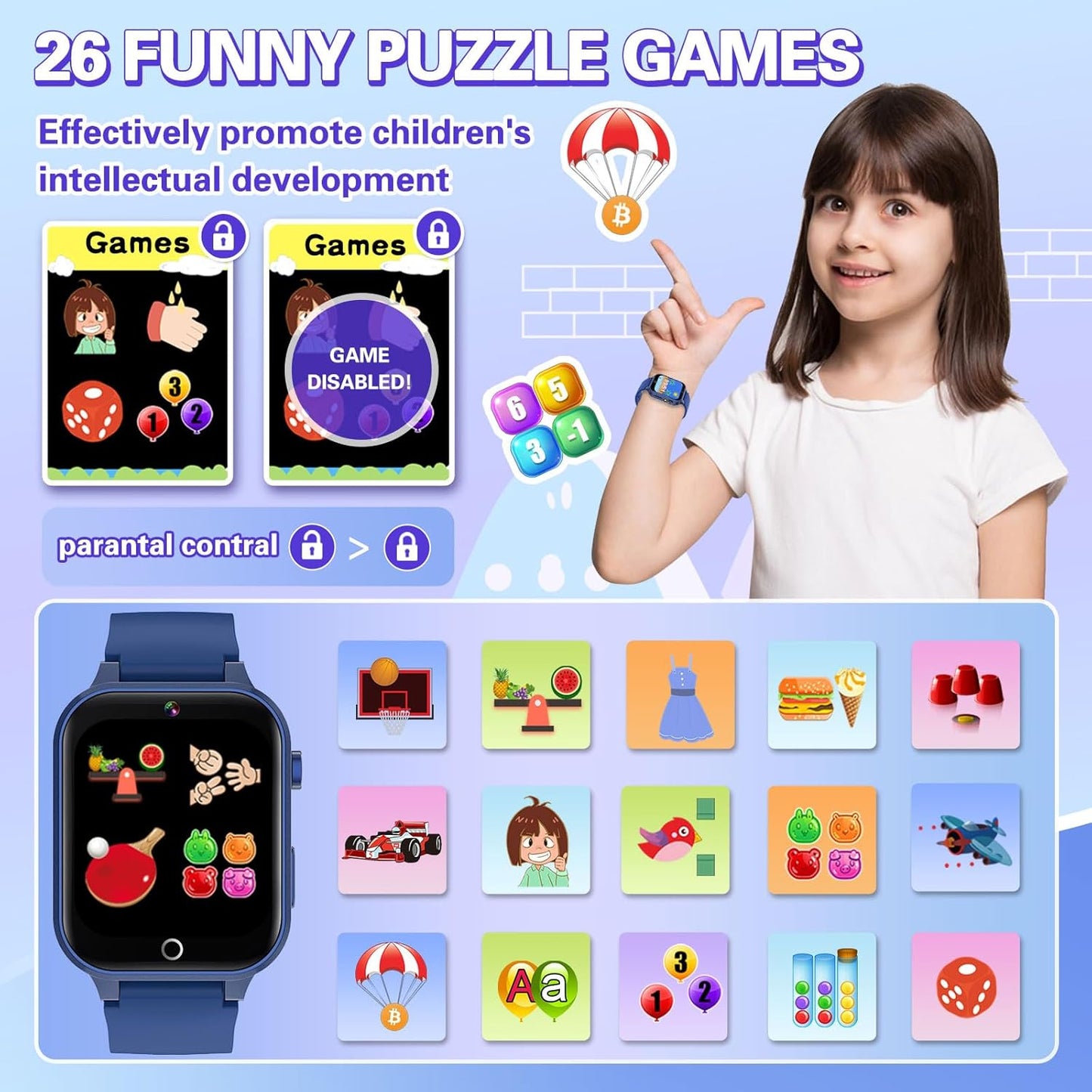 Vakzovy 39 MP3 5-12 Smart Watch for Kids with Puzzle Games HD Camera Player Audiobook Video Pedometer Habit Tracking