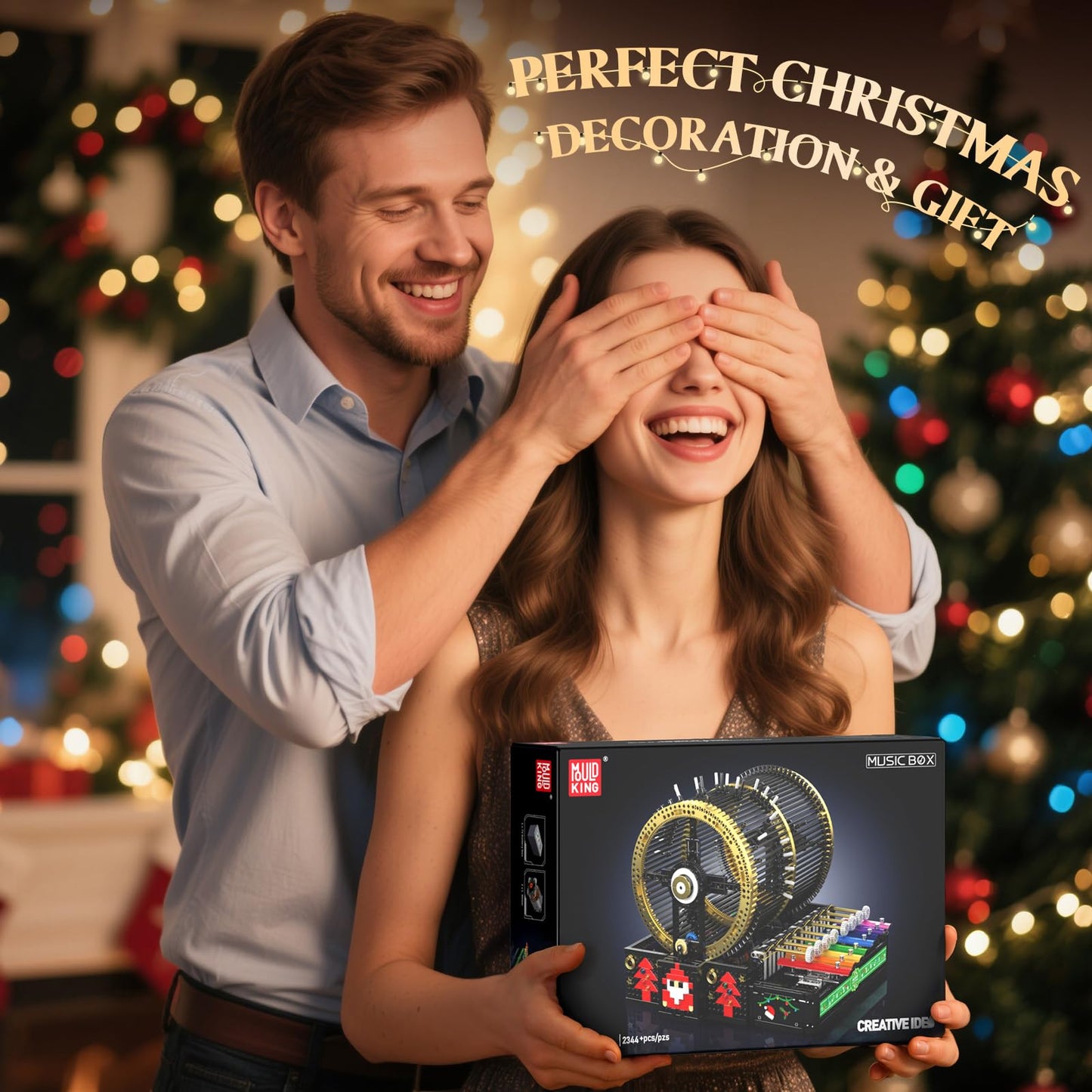 Mould King 10170 Music Box Building Sets, 2344+ PCS Rotating Christmas Music Box with 4 Speed Adjustable Mode, Black Gold Design with Festive Patterns, Collectible Decoration Gift for Adults Age 14+