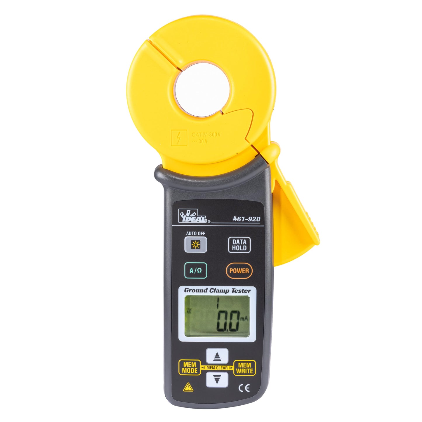 Ideal Electrical Ground Resistance Clamp Meter, Digital Auto-Ranging, Measures 0–1200Ω & 0–30A AC, True RMS, Noise Check, Data Hold, Continuity Buzzer, Memory Save, Auto Power-Off, Electrical Tools