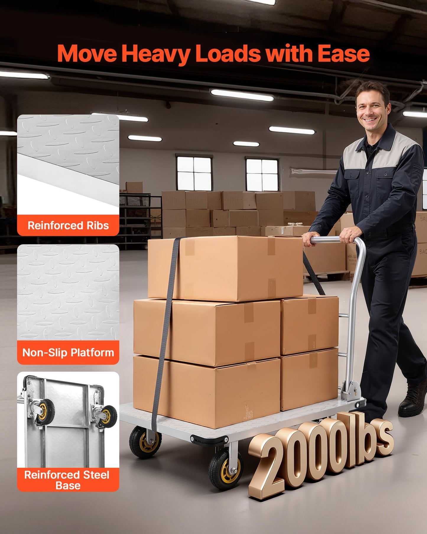 VEVOR Heavy Duty Platform Truck, 2000 LBS Steel Large Flatbed Cart with 360° Swivel Wheels & Brakes, Foldable Platform Hand Push Truck Dolly for Easy Storag/Groceries/Garage/Warehouse (36" X 24")
