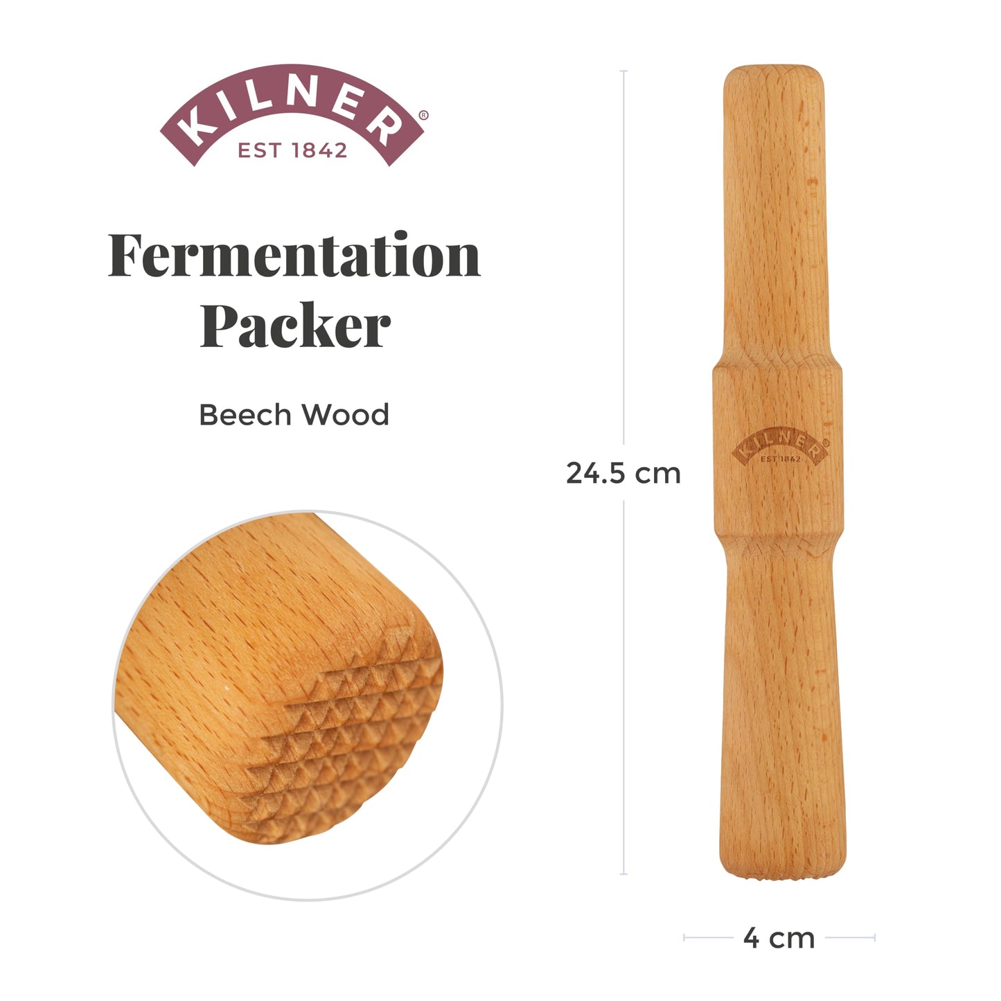 Kilner Fermentation Packer Beech Wood Tool for Preparing Sauerkraut & Kimchi, Textured Mashing Head for 3L & 5L Fermentation Sets with Wide Mouth Jars