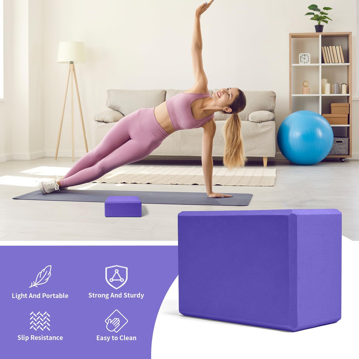Yoga Block, Large Yoga Block 9x6x4 Inches, Sturdy Yoga Foam Blocks, High Density & Non Slip Surface for Yoga, Pilates & Stretching, Fitness Accessories for Stability & Balance (Violet)