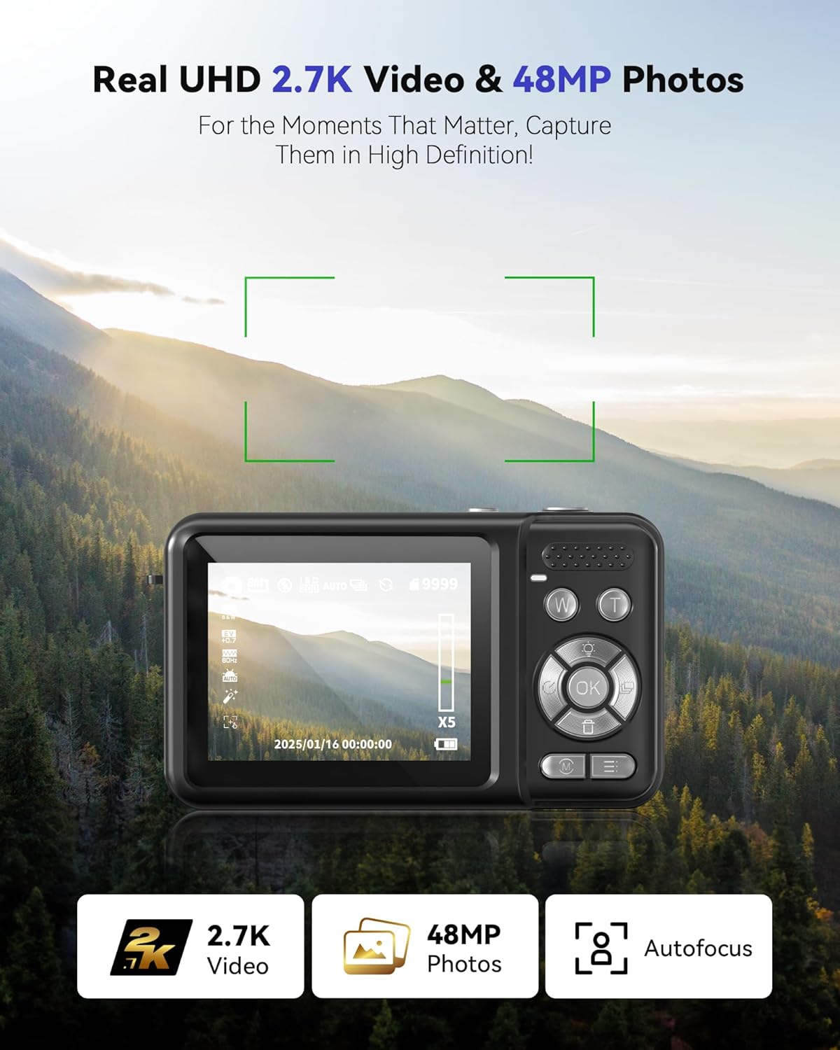Jexylon 2.7K 16x 32GB Digital Camera, Real Dual-Screen Digital Camera for Photography Auto-Focus Vlogging Camera