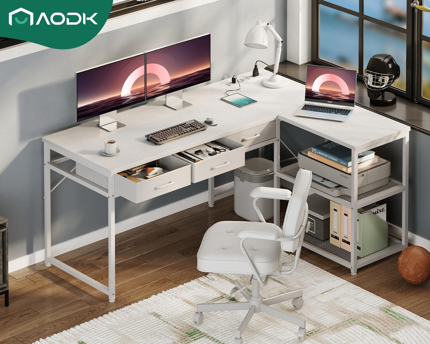 AODK 53 Inch L Shaped Computer Desk with Drawers, Corner Desk with Power Outlets & Reversible Storage Shelves, for Home Office Gaming, White