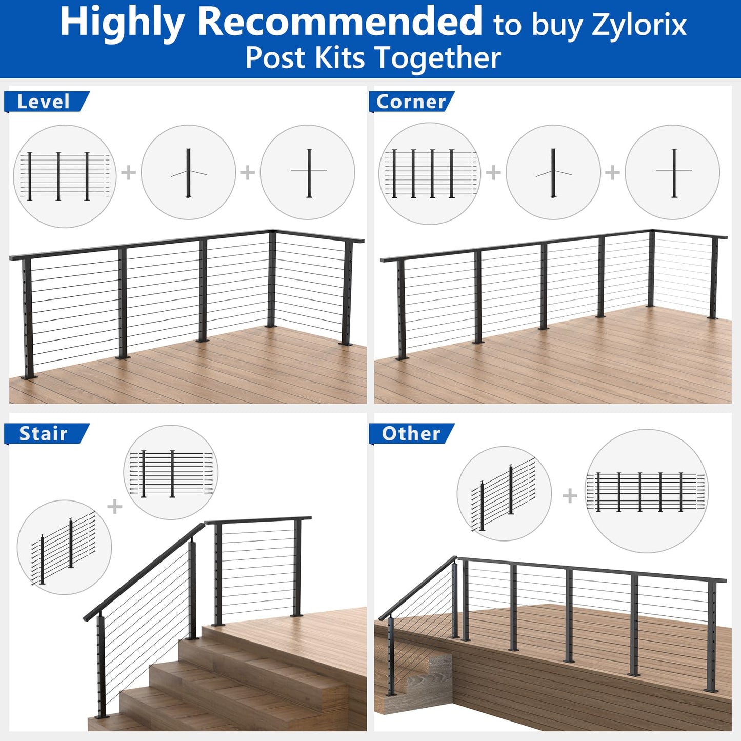 Zylorix 36" T304 Cable Railing Post(Post 35"x2"x2"), Level Drilled Railing Post with Cable Grommets, Modular Fixed Top Mount Cable Handrail Post, Stainless Steel Black Finish Indoor Outdoor Deck Post