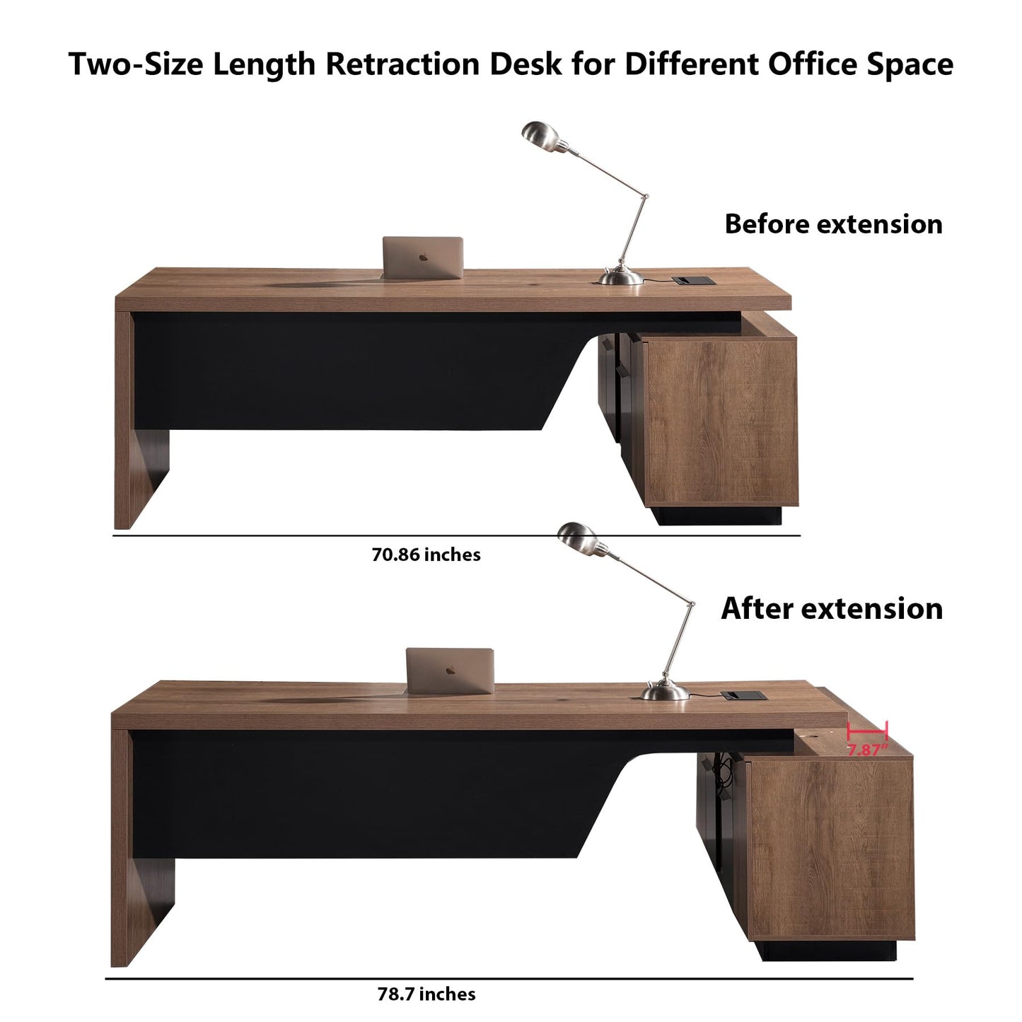 Retractable L-Shaped Executive Desk, Modern Office Desk with locking Drawers and File Cabinet, Large Computer Desk with Storage Shelves, Workstation for Home Office (Left Return, 70.86 - 78.7 IN)