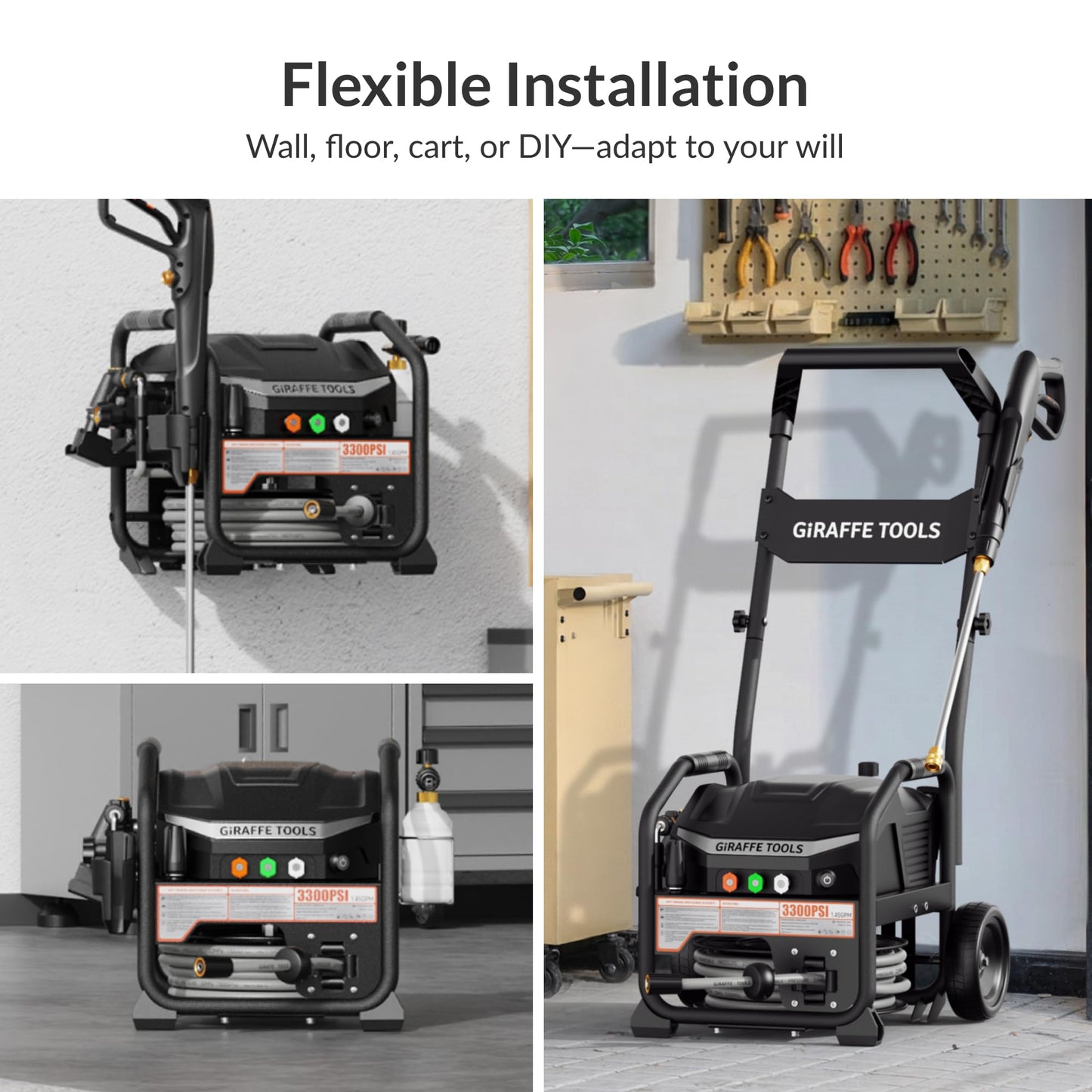 Giraffe Tools Crossfalls Retractable Pressure Washer Max, 3000PSI, 1.45GPM, 1800W Induction Motor, Wall Mounted Electric Power Washer with 50ft Pressure Hose, 4-Nozzles, Foam Cannon, Automatic Rewind