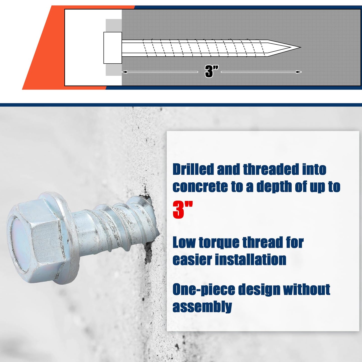 Tandefio 80 Pack 1/2" x 3" Concrete Screw Anchor Galvanized Large Diameter Heavy Duty Plated Concrete Anchors for Masonry Brick Anchoring Block Decking Framing Hex Drive