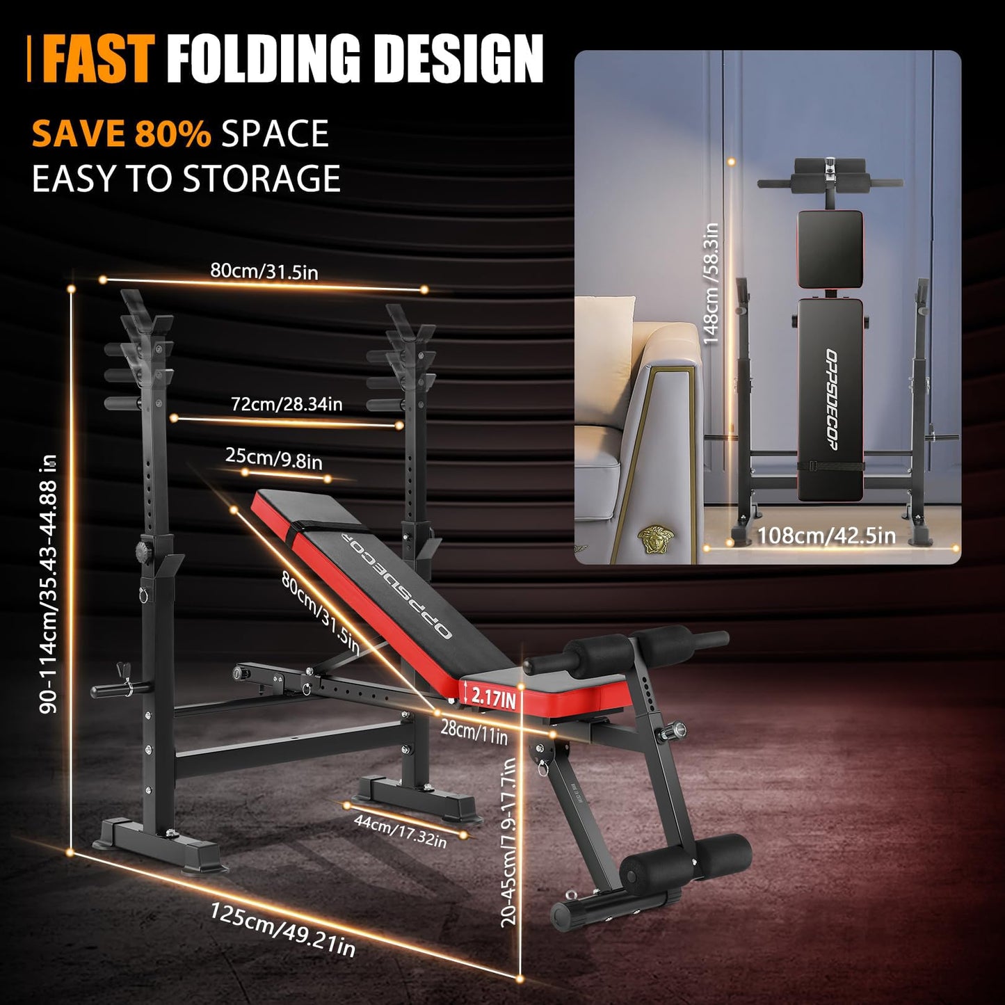 OPPSDECOR 600LBS 6 in 1 Weight Bench Set, Adjustable Bench Press Set and Squat Rack, Foldable Workout Benches for Home Gym, Incline Decline Flat Sit Up Strength Training Bench