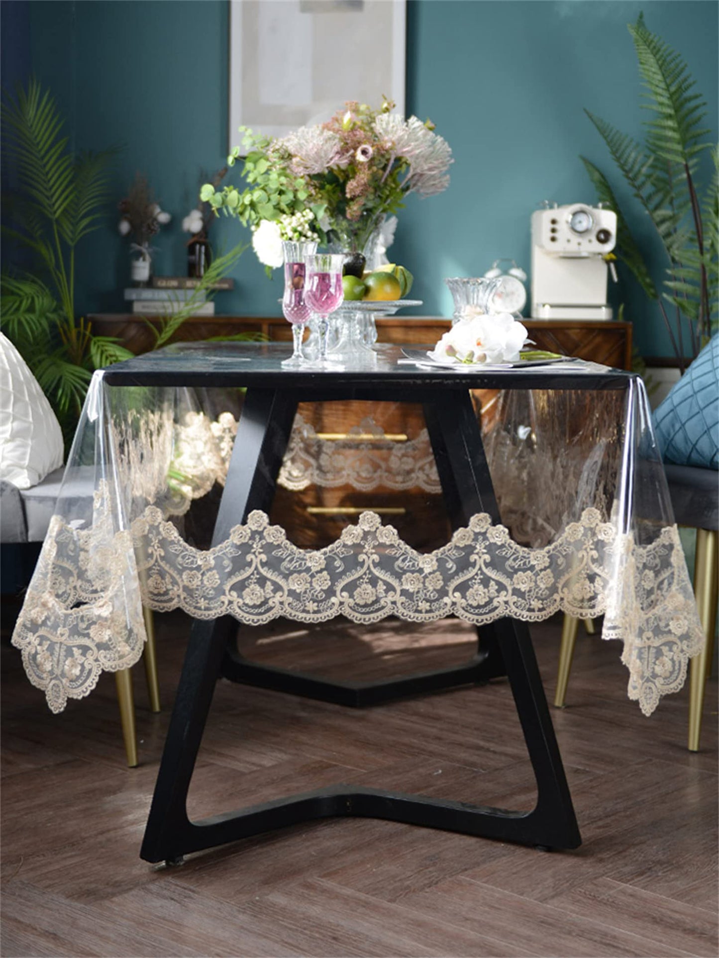 Dimatic Clear Plastic Waterproof Tablecloth, Vinyl PVC Rectangle Table Cloth with Lace Macrame, Oil Spill Proof, Table Cover for Dining Tables, Parties and Holidays (Beige, 60 x 86 Inch)