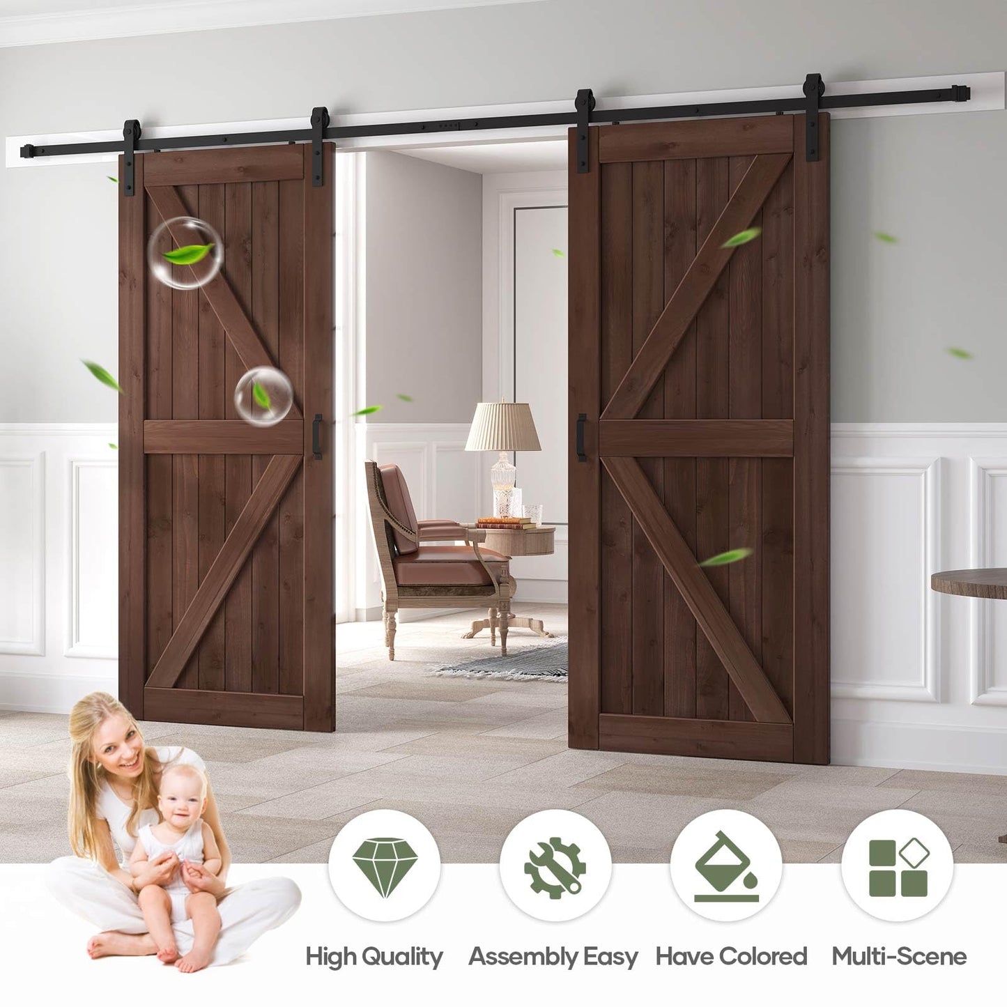ROYMELO Double 36x96 inch Sliding Barn Wood Door Slab with 6.6ft Hardware Kit and Handle