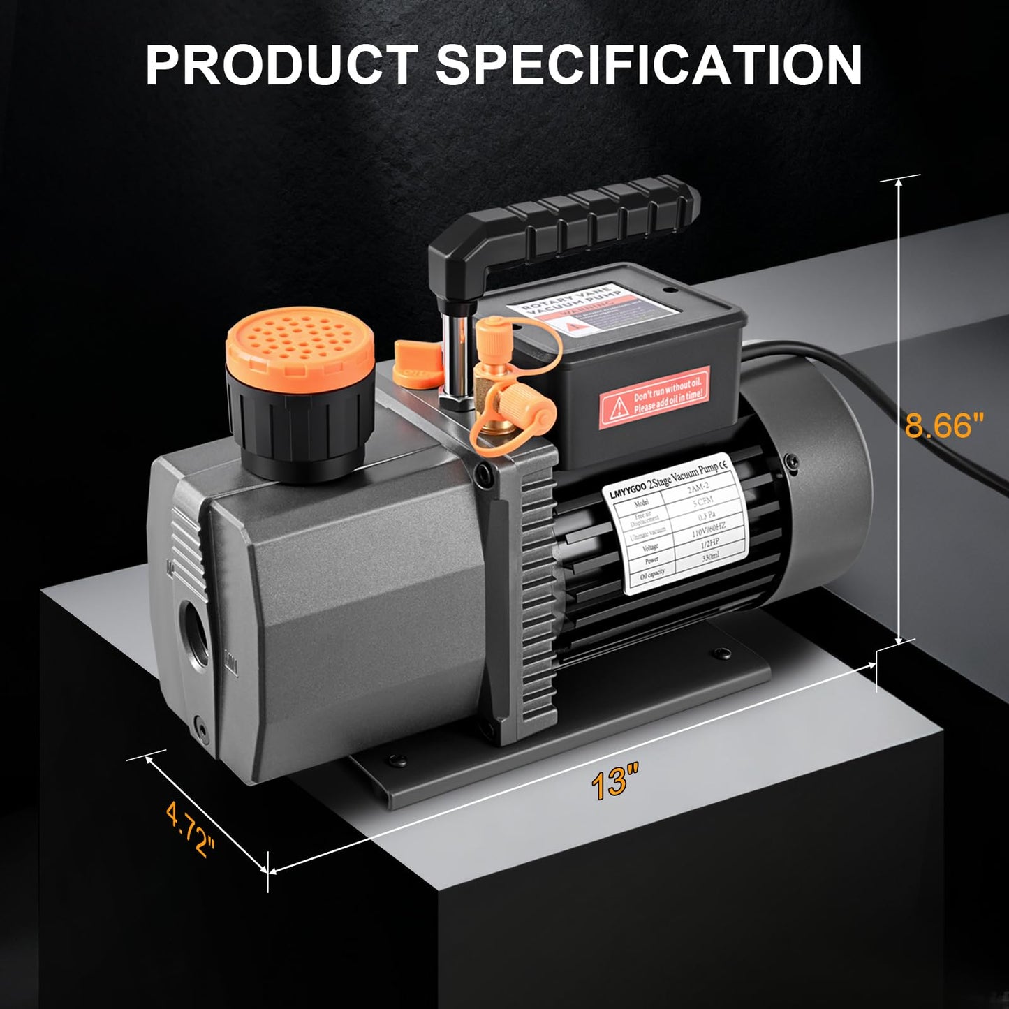 LMYYGOO 5 CFM 2-Stage HVAC Vacuum Pump, 1/2 HP Sparkless Motor, Deep Vacuum Pump for R32 R1234yf R410a R134a, Automotive AC & Mini Split Refrigeration System Evacuation