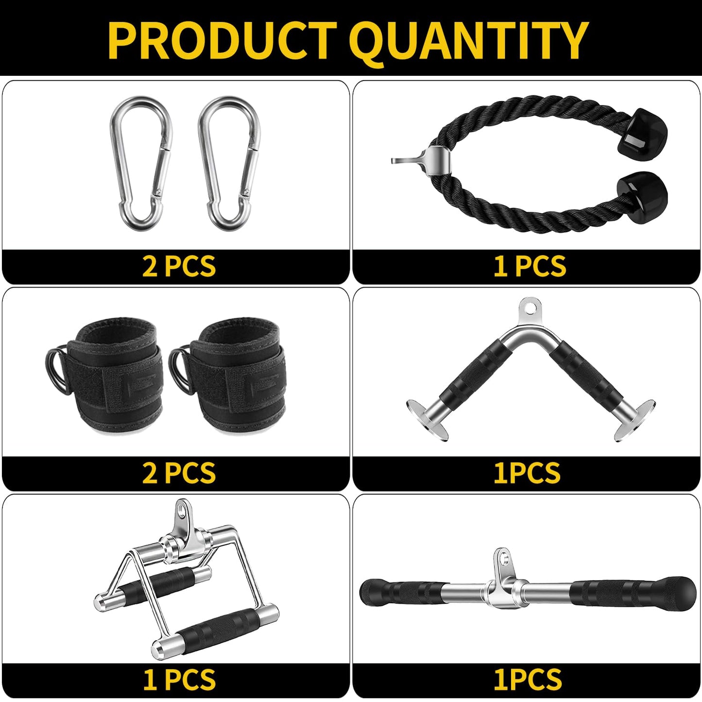 WNOEY Cable Machine Attachment, LAT Pulldown Attachments, Home Gym Accessories, Triceps Pull Down Attachment (V Handle + Row Handle + Rotating Bar + Tricep Rope + Ankle Straps)